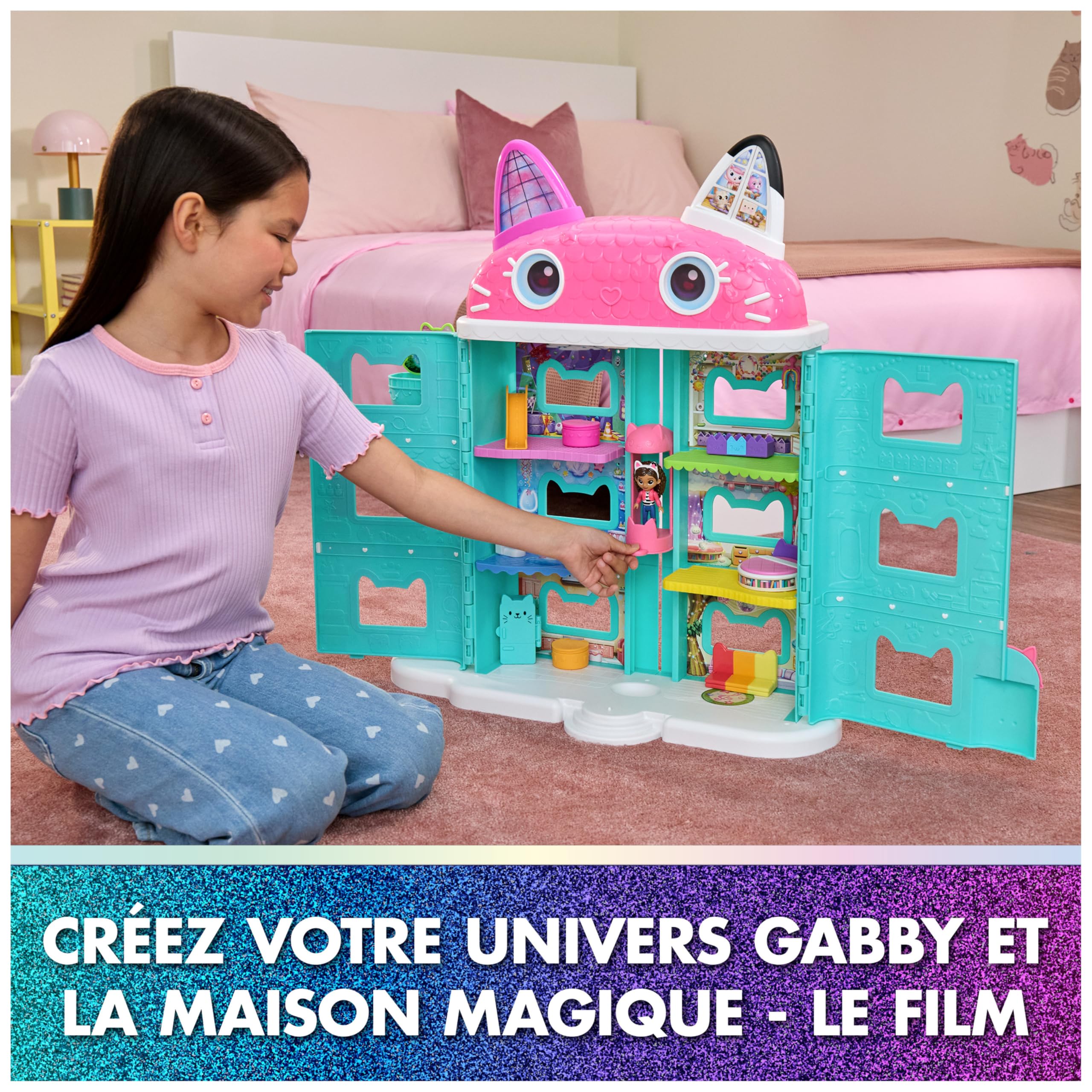 Gabby et la Maison Magique Le Film - Gabby Dollhouse - Maison De Poupée 60 Cm De Haut avec 1 Figurine Et 15 Accessoires - Yeux Lenticulaires - Dessin Animé Jouet - Jouet Enfant 3 Ans Et +