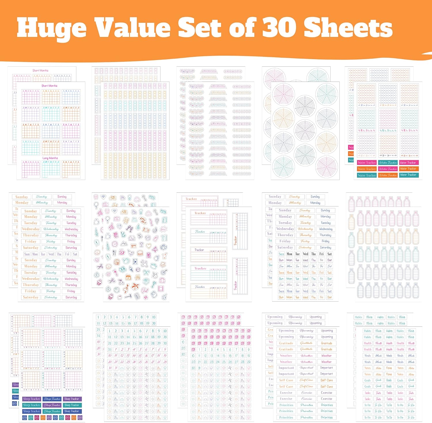 Simple Productivity Weekly Planner Stickers (Colorful) - 30 Sheets of Writable and Transparent Stickers - Mini Calendars, Habit Tracker, Days, Numbers - Supplies for Bullet Dotted Journals : Office Products