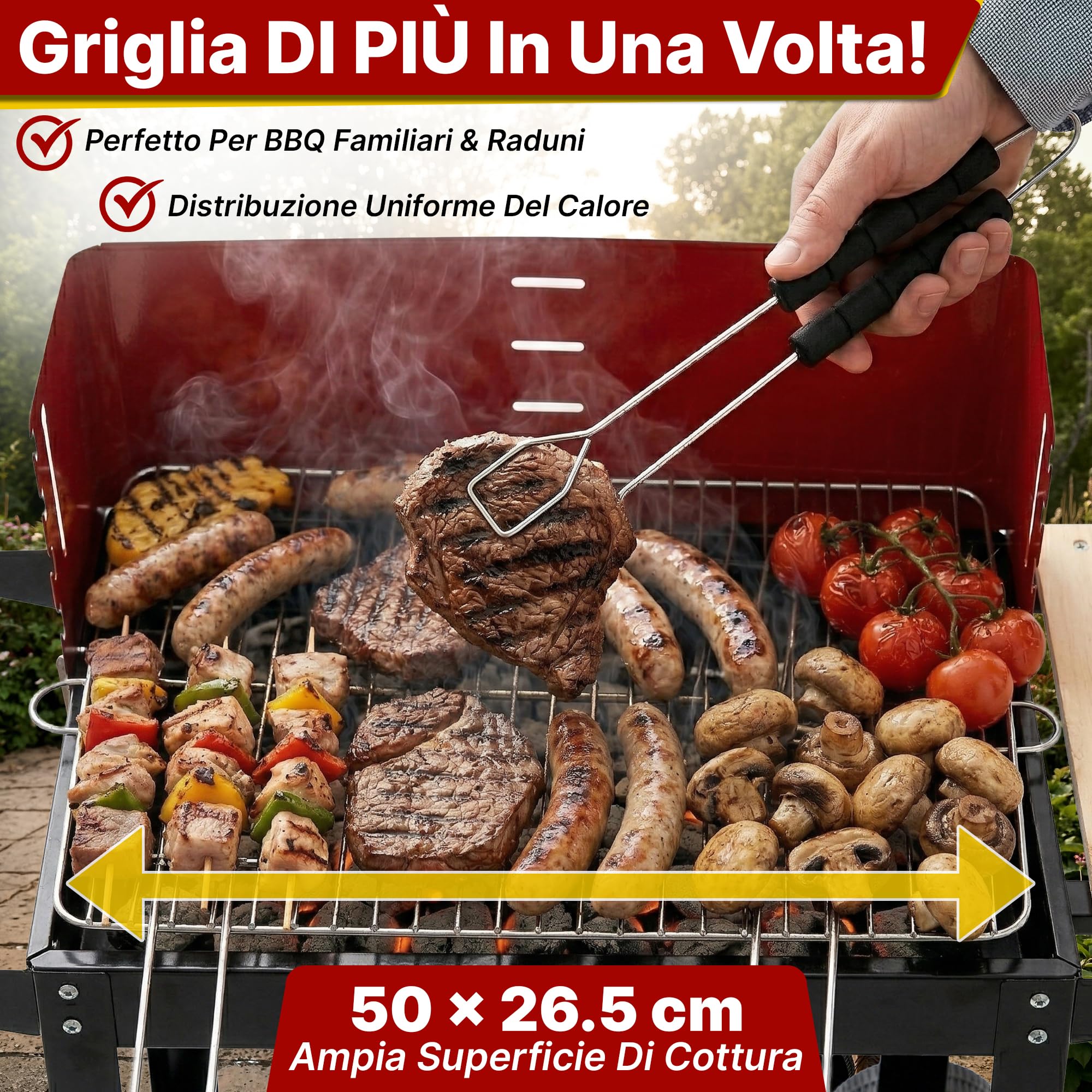 Five-Star Grill&Chill Barbecue a Carbone Portatile – Griglia Cromata 50 x 26,5 cm a 4 Altezze – Ruote e Ripiano in Legno – Acciaio smaltato da esterno – GC0010