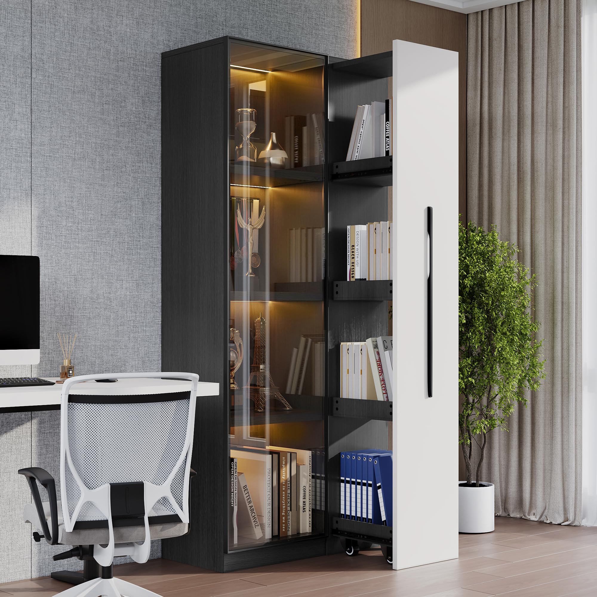 Merax Vetrina 70 × 40 × 160 cm, libreria con porta in vetro temperato, telaio in alluminio, estrattore laterale e cassetto, con ruote e illuminazione a LED, per soggiorno e sala da pranzo
