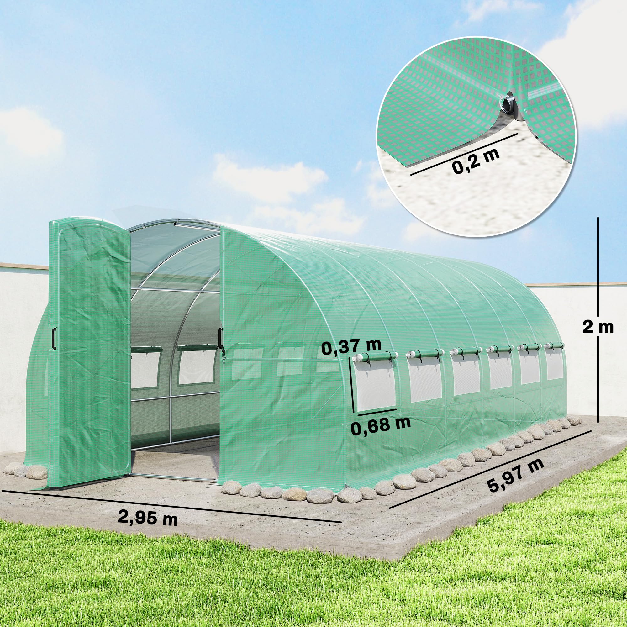 Outsunny Tunnel Serra da Giardino 18 m² 295x597x200 cm 2 Porte Verde | 12 finestre con zanzariera, telo in PE ad alta densità 140 g/m², bordo 20 cm, per uso esterno