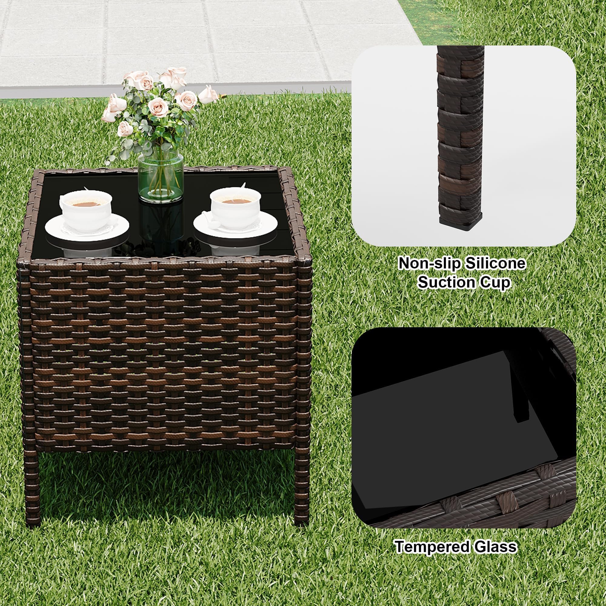 Conjunto de Muebles de Jardín de 3 Piezas, Juego Bistro de Exterior con 2 Sillones de Ratán PE, Mesa de Cristal y Cojines Resistentes a la Intemperie, para Terraza, Balcón, Patio o Jardín, Marrón/Bei