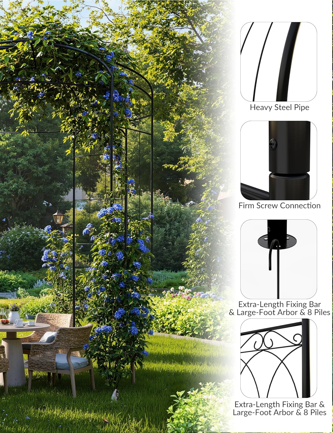 IDEALHOUSE 9ft Metal Birdcage Garden Arbor - Heavy Duty Steel Pergola Pavilion with 8 Ground Stakes, Rust-Resistant Wedding Arch for Climbing Plants, Patio & Backyard Decor, Black