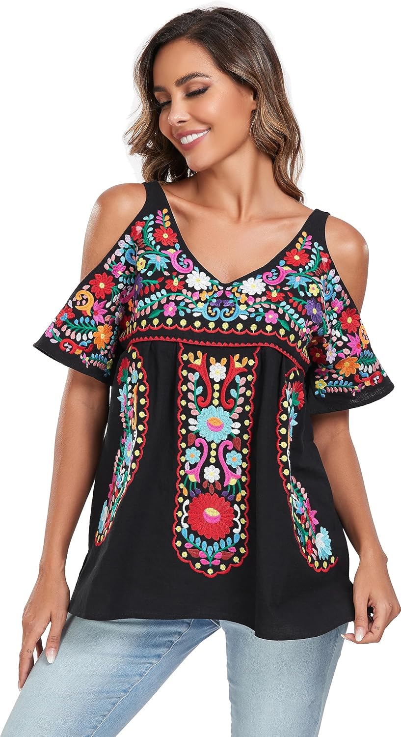 YZXDORWJ Women's Mexican Tops Cold Shoulder V Neck Sexy Blouse Short Sleeve Shirts Embroidered Floral Tunic - Image 2