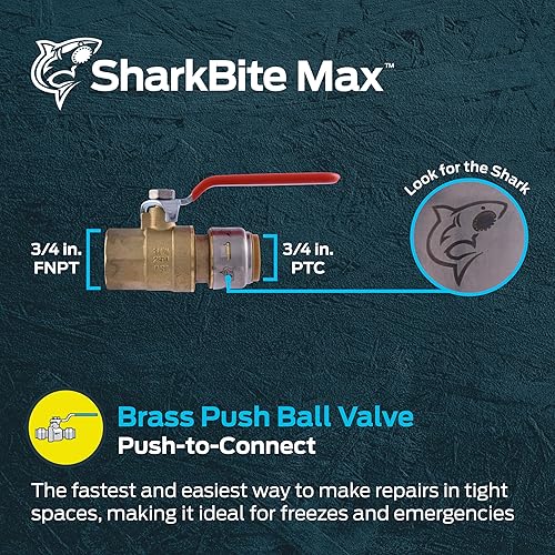 Miniatura 2 de SharkBite Válvula de bola máxima de 34 x 34 pulgadas con conector FNPT, empuje para conectar accesorios de plomería de latón, tubo PEX, cobre, CPVC,
