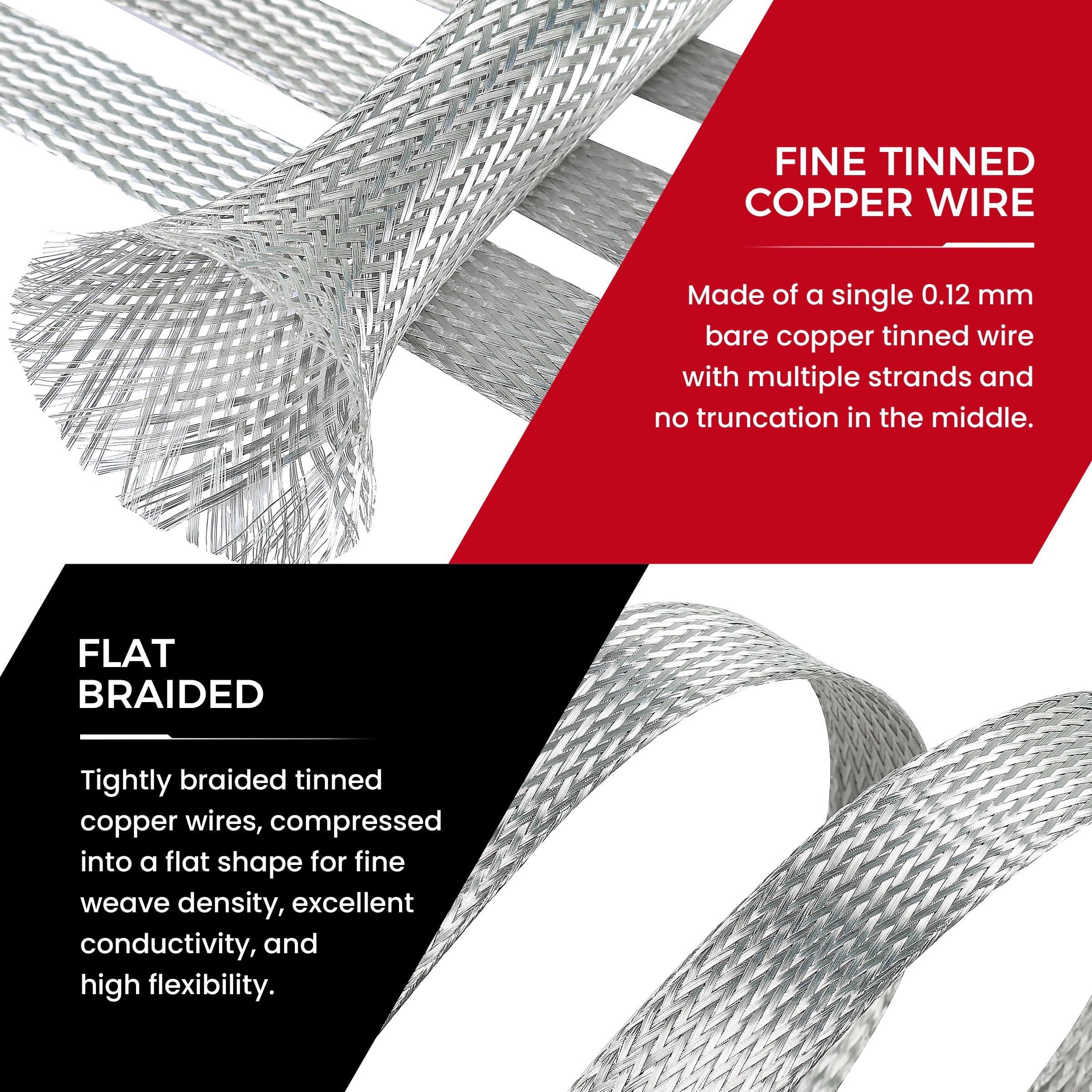 Cable trenzado de cobre estañado, protector de cable plano EMI RFI ESD, correas de tierra, malla flexible (11/16 pulgadas de ancho (0.4 pulgadas de diámetro) - 15 pies