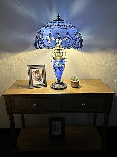 Miniatura 3 de Tiffany - Lámpara de mesa con vitrales azules, estilo barroco, lavanda, incluye bombillas LED madre e hija, jarrón vintage para sala de estar,