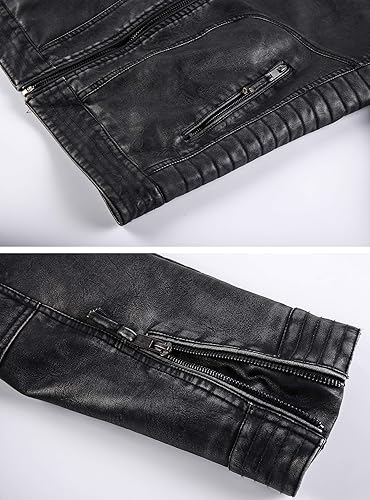 Miniatura 7 de MANSDOUR Chaqueta de piel sintética para hombre, chaqueta de motociclista cálida con capucha extraíble