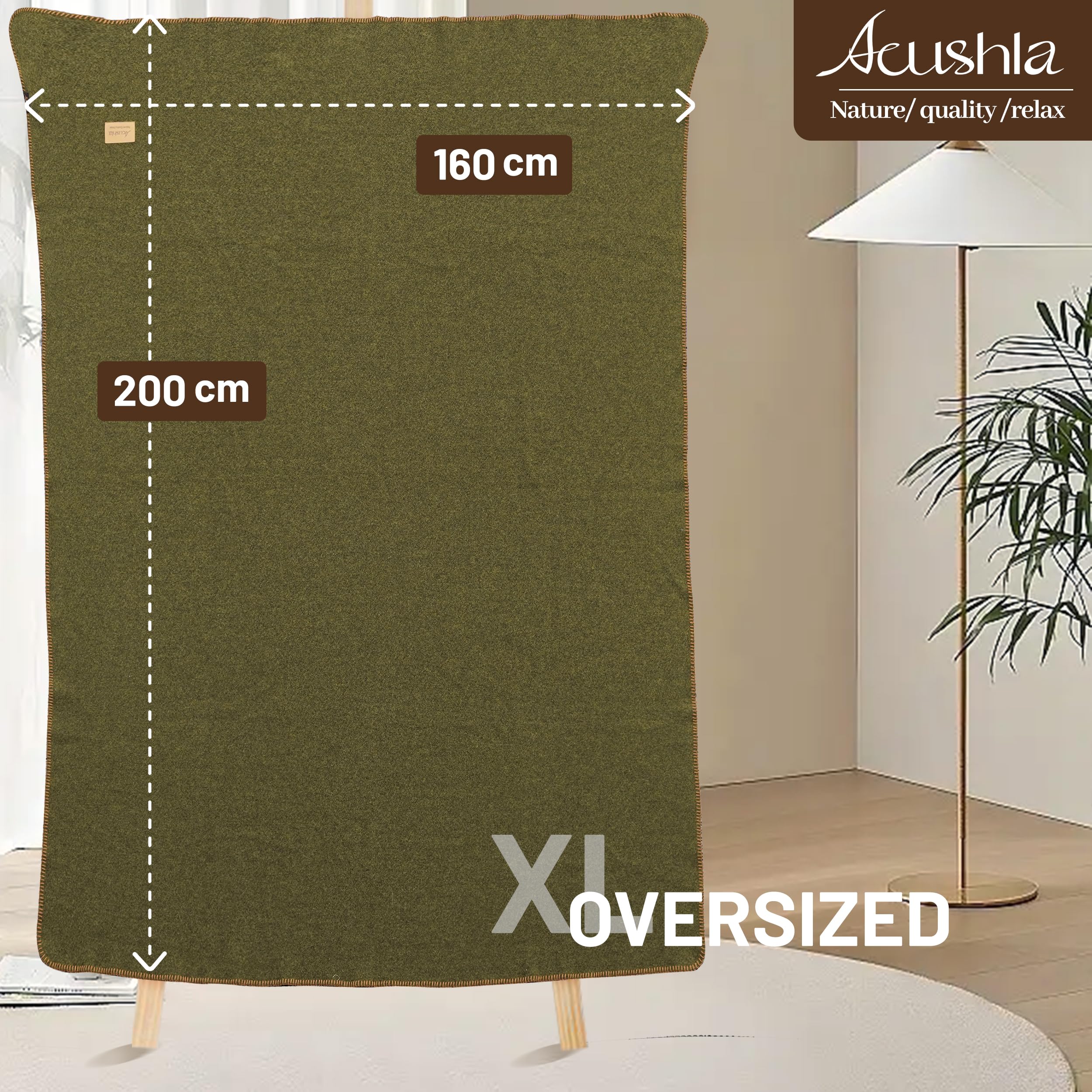 ACUSHLA 80% Merinowolle Wolldecke 160x200 cm, Kuscheldecke Decke, Armygrün | Natürliche Wärme & Komfort – Flauschige Decke für Camping, Reisen und Zuhause. Weich, atmungsaktiv und ideal für kalte Tage