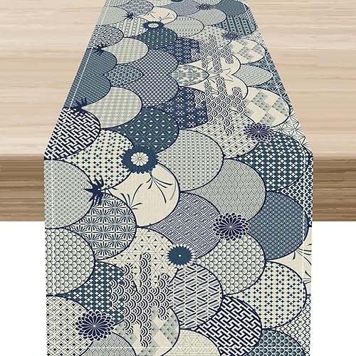 Miniatura 10 de Camino de mesa japonés, retro, tradicional, vintage, grúa, nubes, asiático, oriental, ondas, plantas, naturaleza, camino de mesa para el hogar,