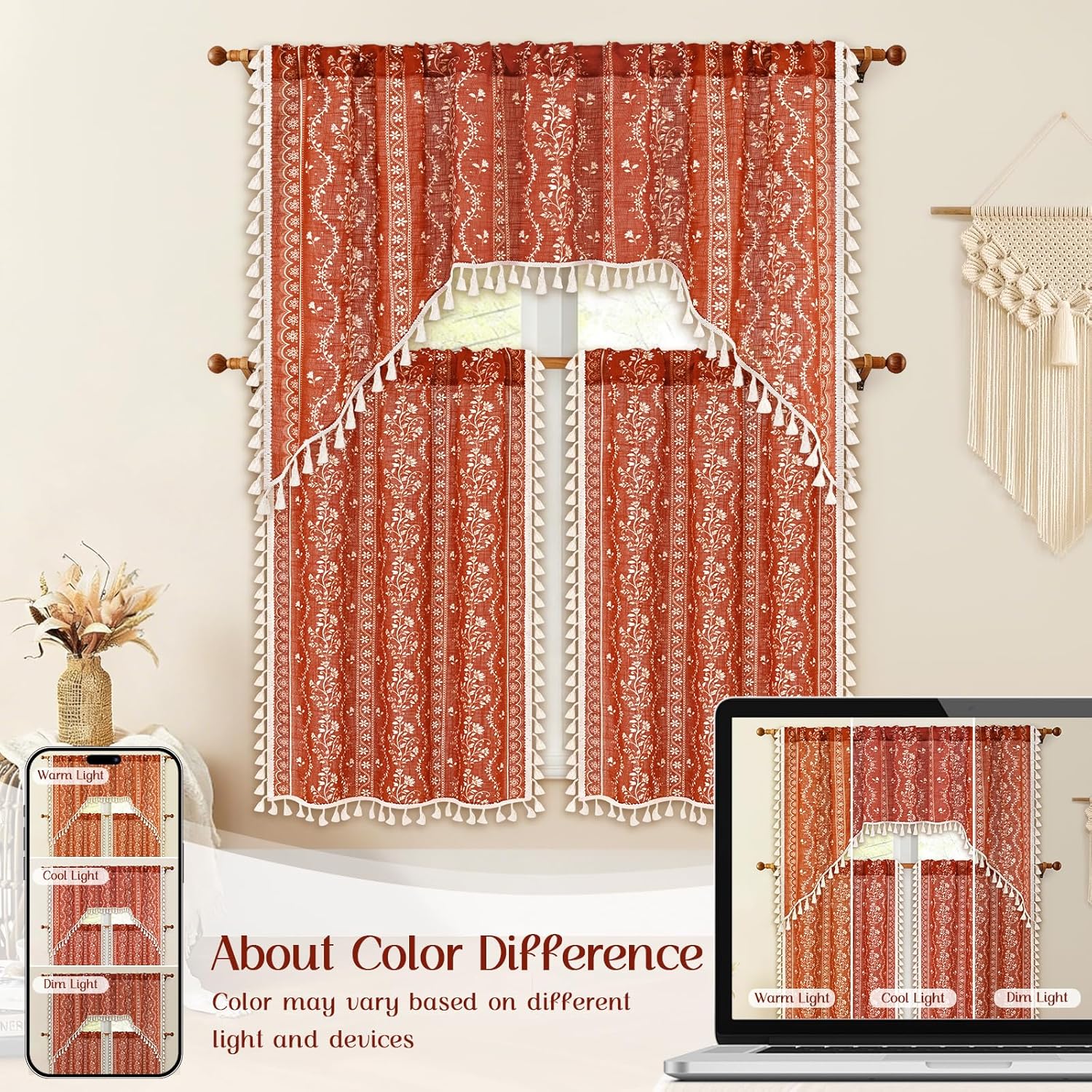 Yinhua Boho Kitchen Curtains 36 Inch Length Vintage Linen Burnt Orange Cafe Curtains Light Filtering Floral Tier Rod Pocket Farmhouse Rustic Tassel Terracotta Small Drapes with Tiebacks, 2 Panels