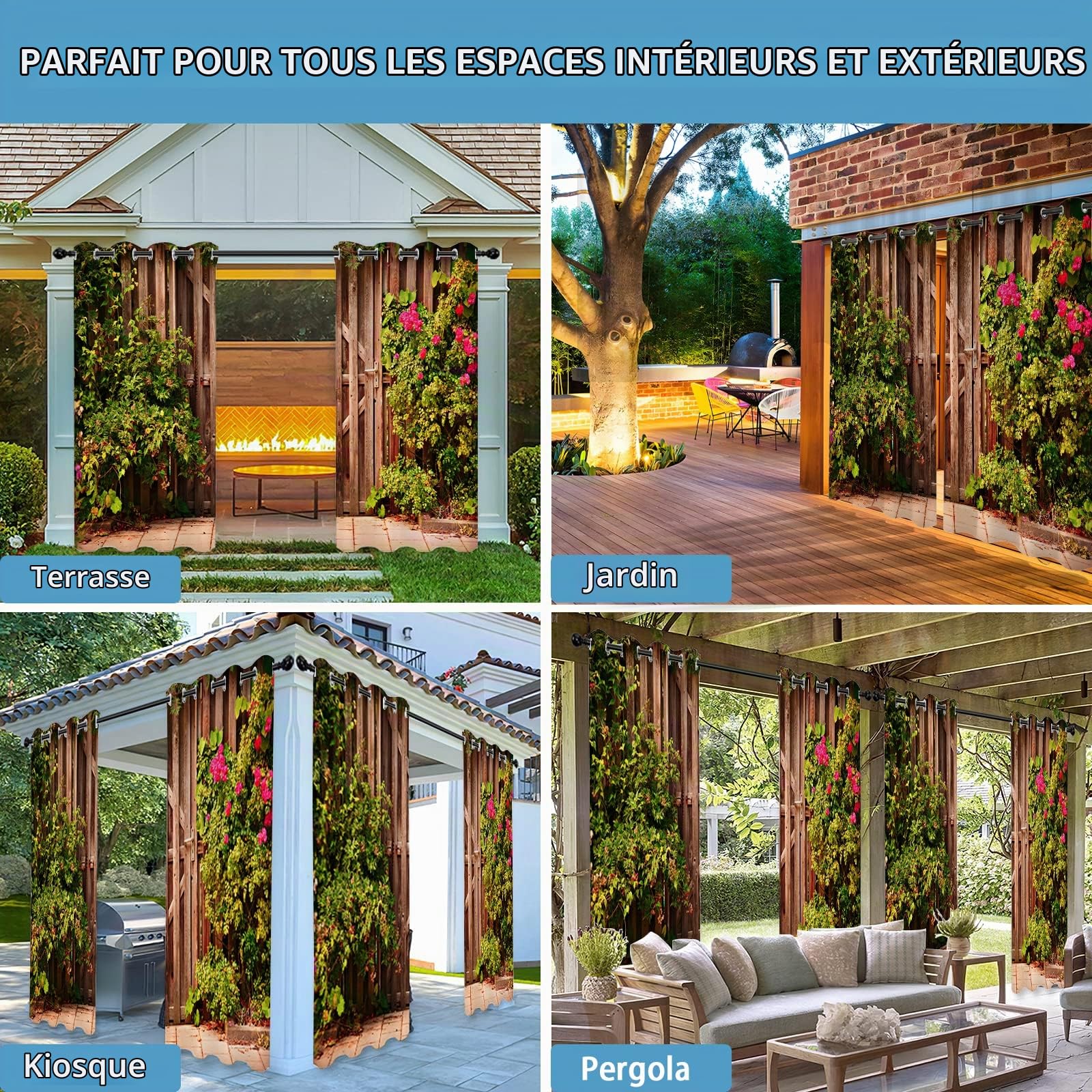 Rideaux d'extérieur Imperméable, Rideau Occultant Thermiques Rideau Exterieur Terrasse Rideau pour Pergola Tonnelle Cabane Jardin, 2 Pièces 132 x 241 cm, 3D Porte de Jardin