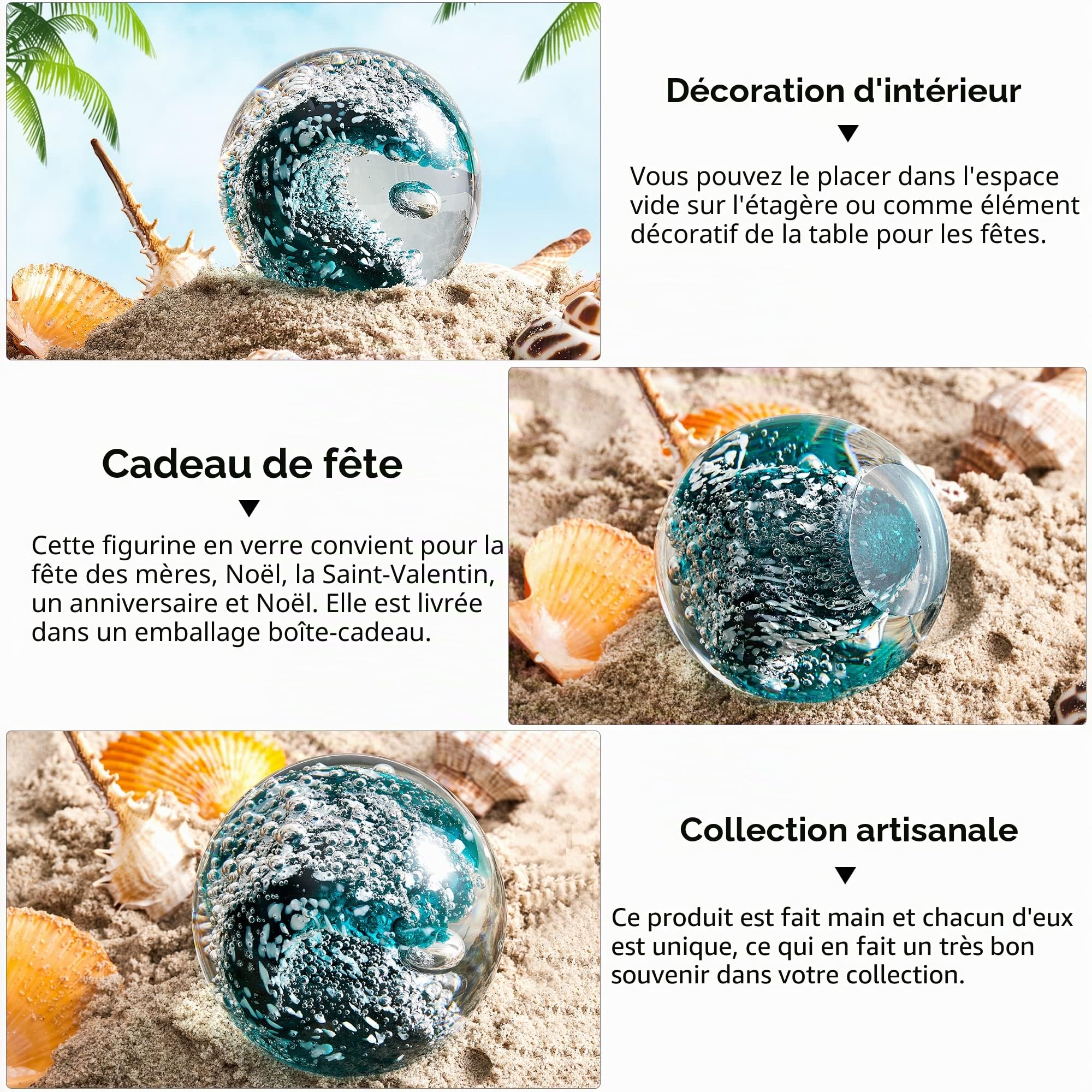 EUSTUMA Figurines en Verre Soufflé à la Main - Vagues de l'Océan - Presse-Papier - Boule en Verre - Décoration d'Intérieur et de Bureau - Objet de Collection - Décoration d'Aquarium