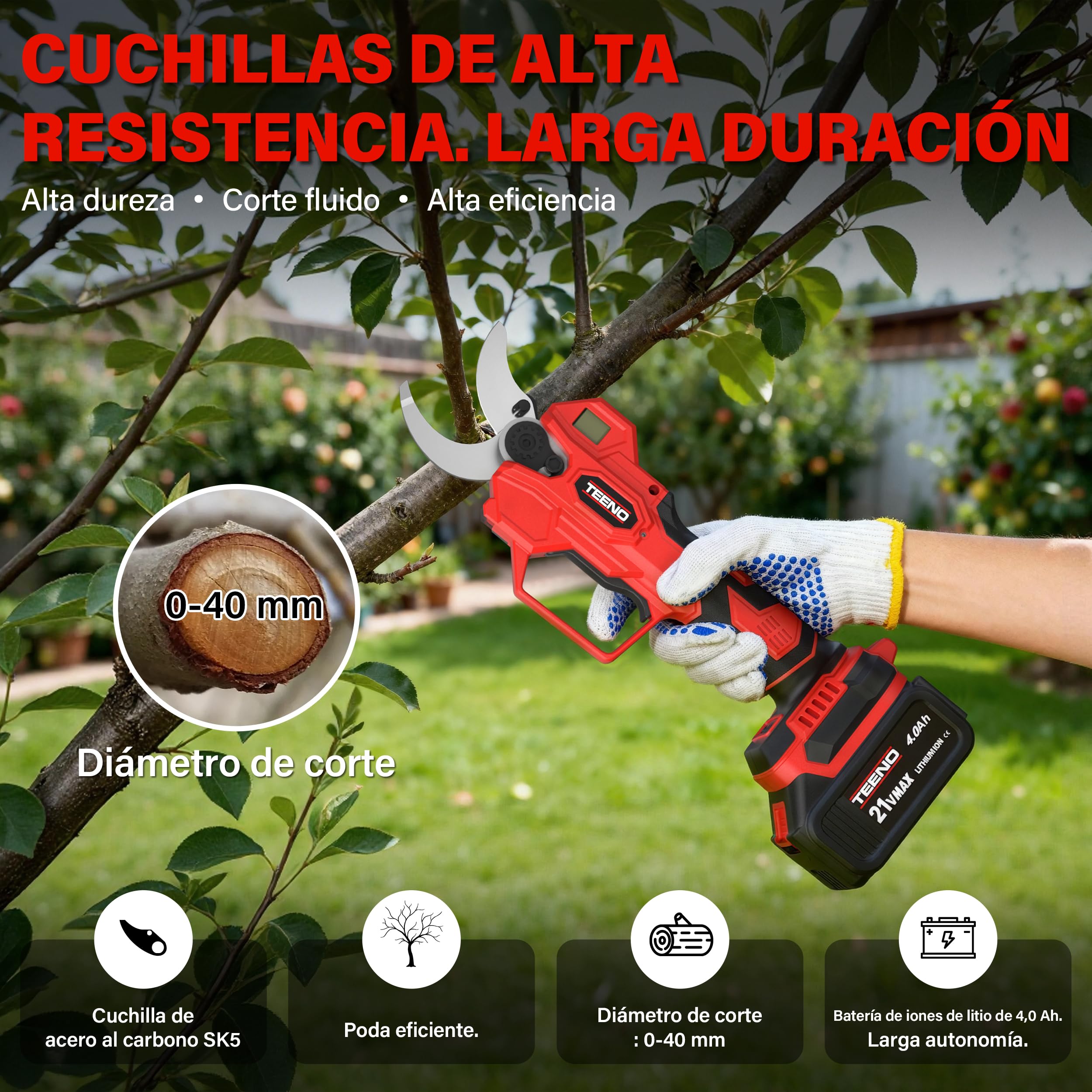 TEENO Set Herramientas Jardinería 2 en 1: 6 Pulgadas Mini Motosierra a Batería + Tijeras Podar Eléctrica Inalámbrica 0-40mm, 2 Baterías 4.0 Ah, Cuchillas Acero SK5