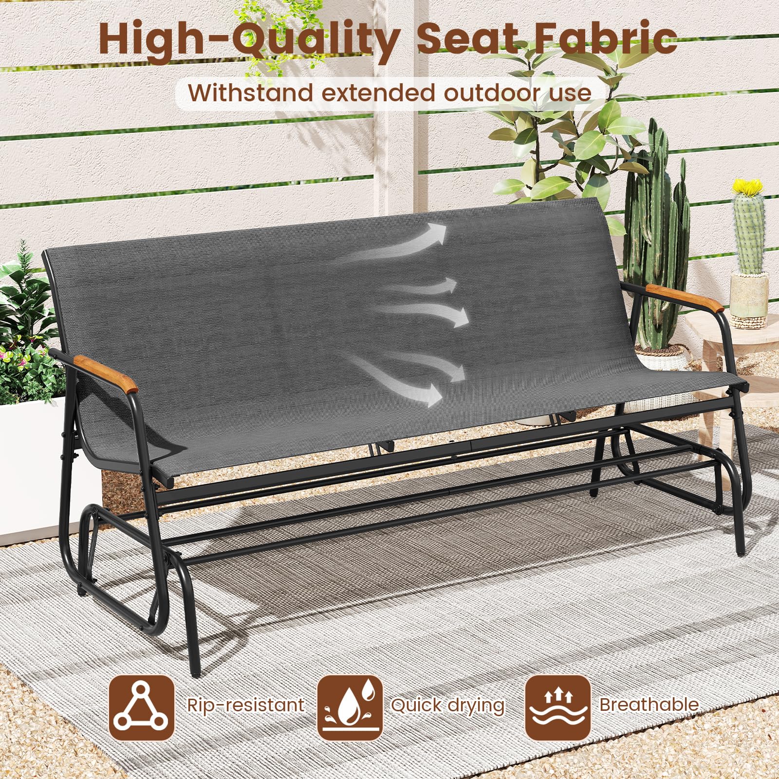 KOMFOTTEU Banco Balancín de 2/3 Plazas, Silla Mecedora de Jardín de Tela con Reposabrazos Curvos de Madera Maciza, Banco de Balanceo con Carga 300/450 kg, para Terraza, Exterior (74 x 169 x 84 cm)