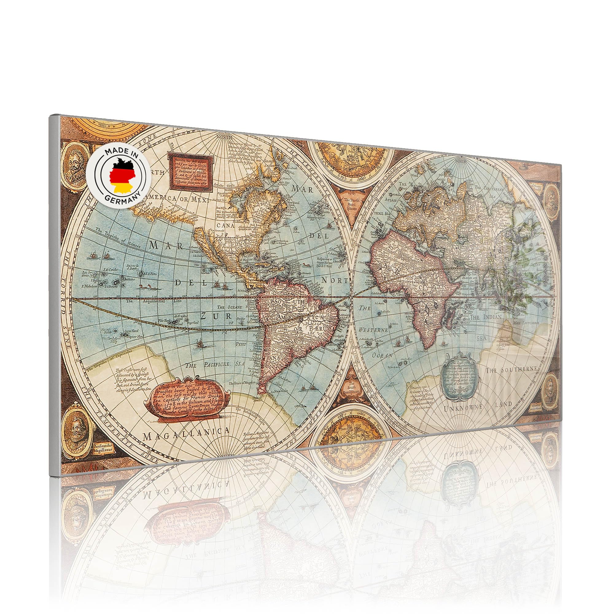banjado Magnettafel Metall 78 x 37cm - beschreibbare Magnettafel - Metall Pinnwand als Memoboard - Magnetwand Küche, Büro, Kinderzimmer Grau inkl. 4 Magnete & Montageset - Motiv Historische Weltkart