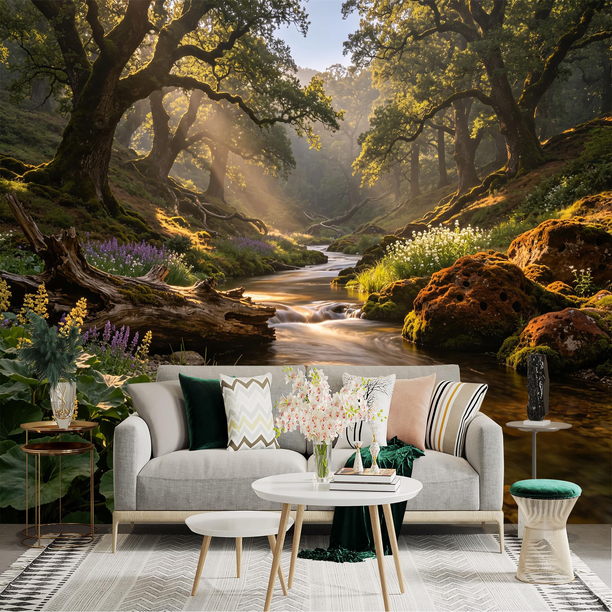Lnzczhyre Bh260719039 Custom Size Wall Sticker Mural， Enchanted Forest With Flowing Creek， Sunlit Woodland Scenery， Wildflowers And Mossy Stones， For Wall Decoration， Peelandstick Wall Decals.