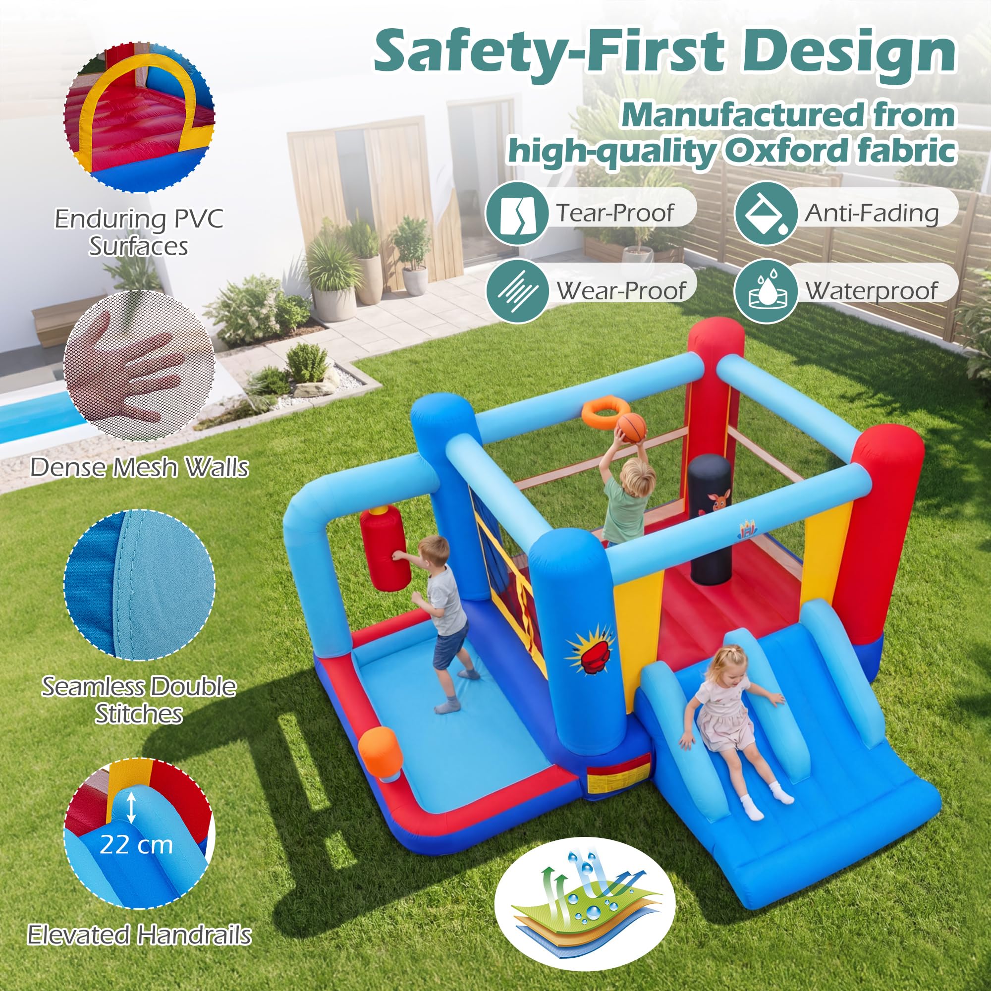 Giantex - Castillo hinchable para niños, exterior, con soplador, 550 W, parque acuático inflable con bolsas de golpeo, piscina, cesta de baloncesto, tobogán, para niños y niñas, 3-12 años, carga 90 kg