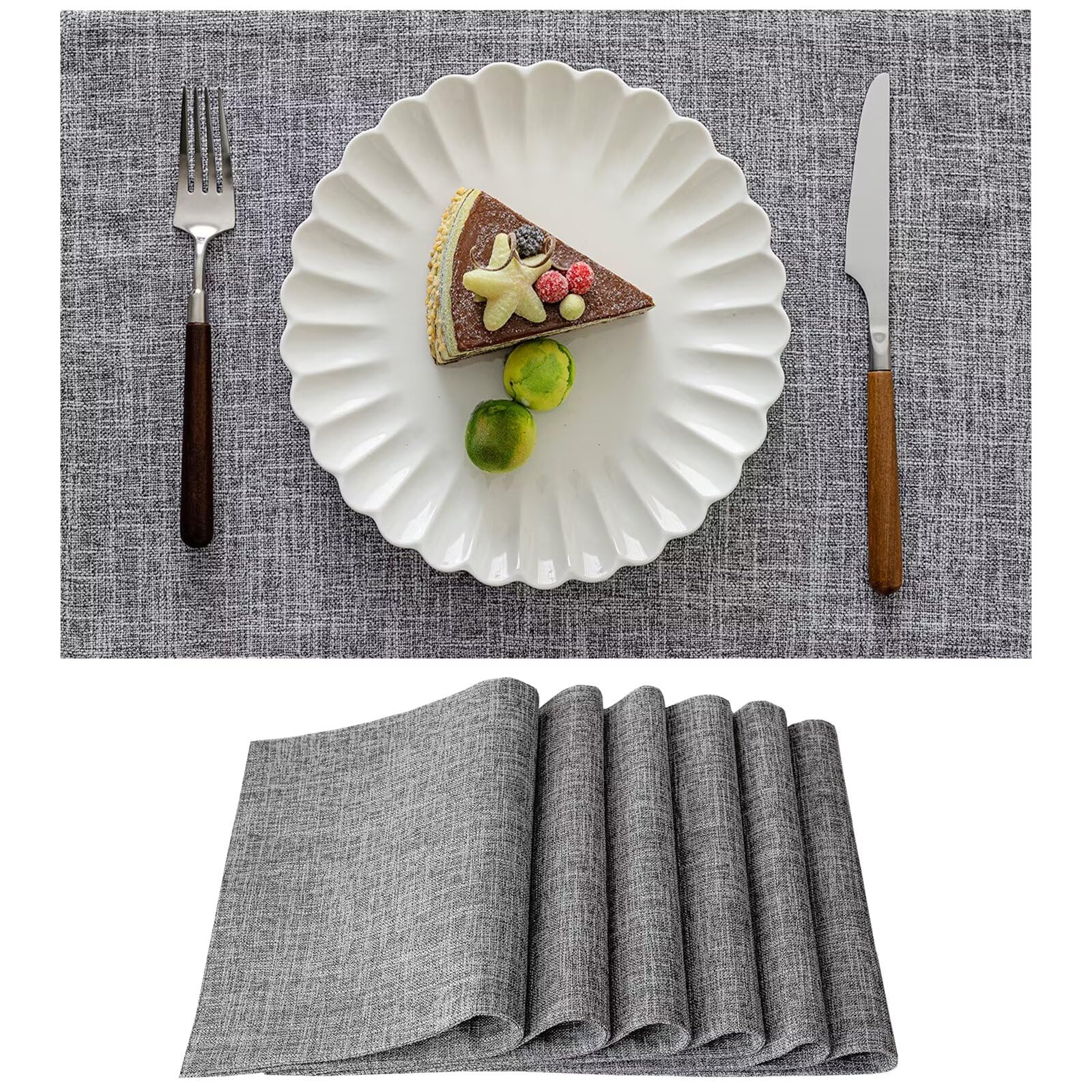 Placemats Set of 6, Bilayer Thickened Linen Place Mats Heat Resistant Machine Washable Wrinkle Free Carefully Selected Polyester Mats for Kitchen/Dining/Coffee Table (Light Grey)