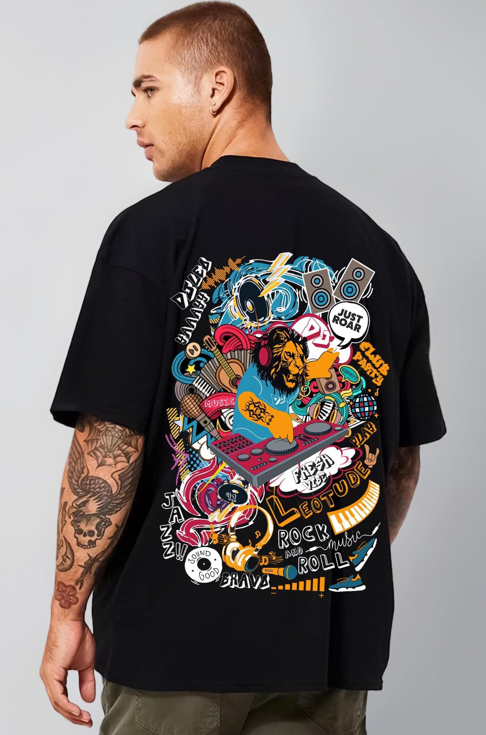 LEOTUDE Men's Oversized Cottonblend Round Neck Half Sleeve Back Printed Drop Shoulder Tshirt(Color : Navy)