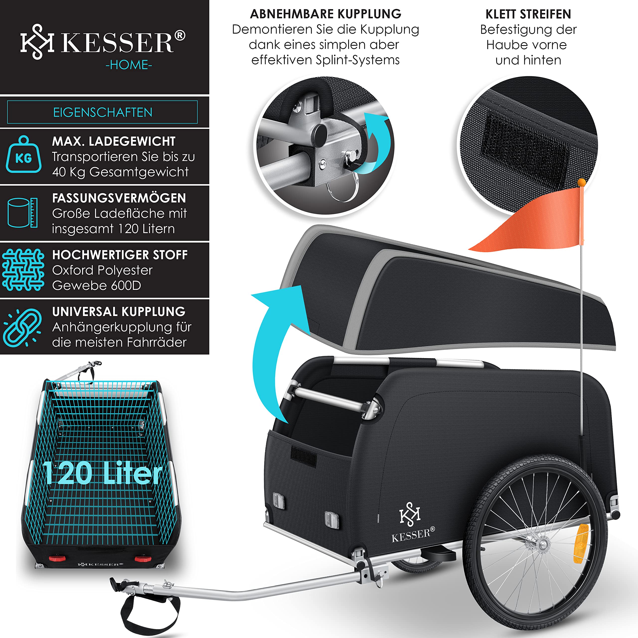 KESSER® Rimorchio per bicicletta, rimorchio per il trasporto con timone alto con frizione, inclusa copertura pieghevole, con timone alto, per bicicletta, con 120 litri, max. 40 kg