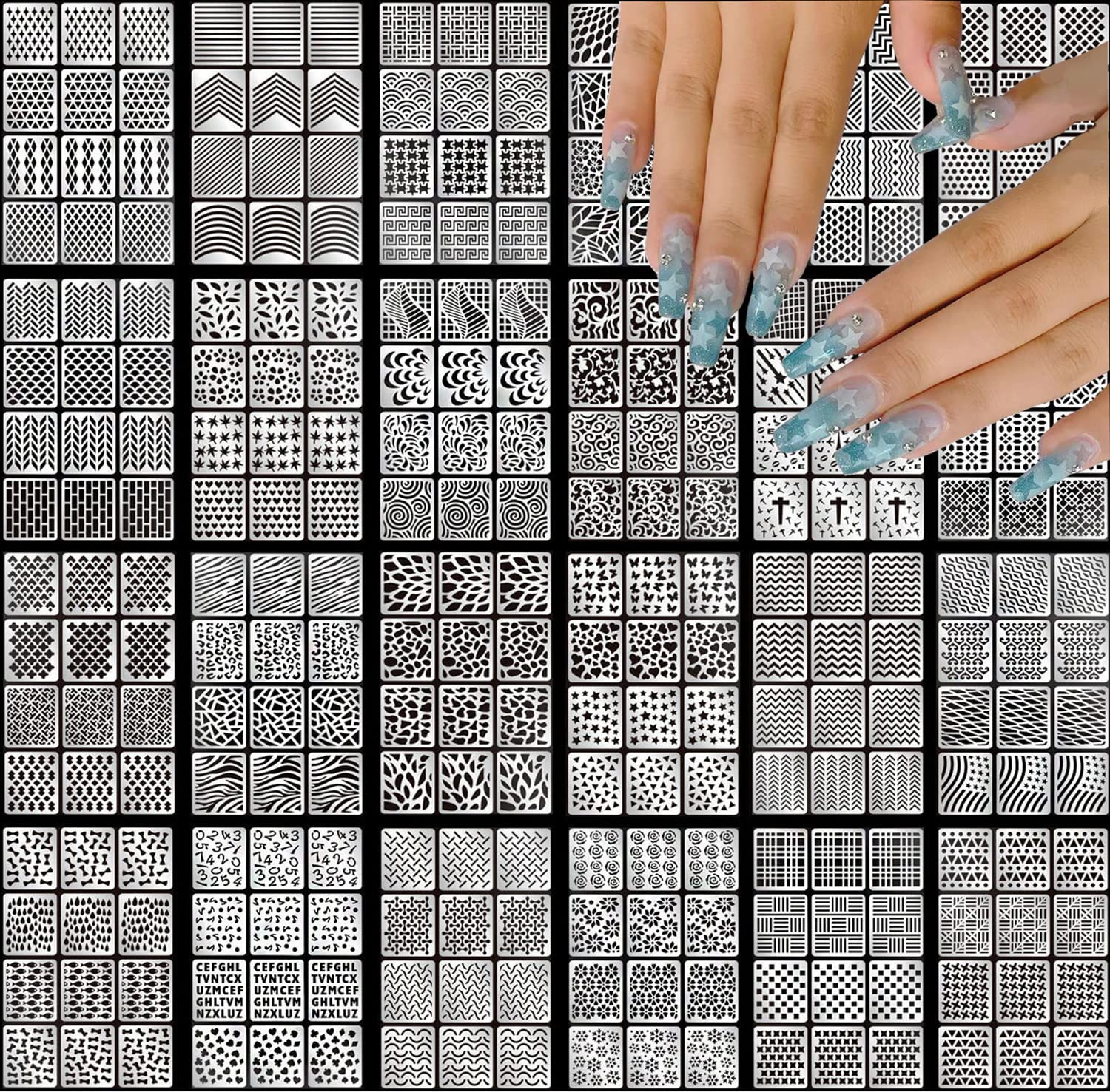 SONGJIE Nail Vinyls Stencils Nails Stickers Set, 96 Designs 288 Pcs Sheets Cute Easy Nail Art Decal Stickers Stencils Hollow Nail Polish Stencil