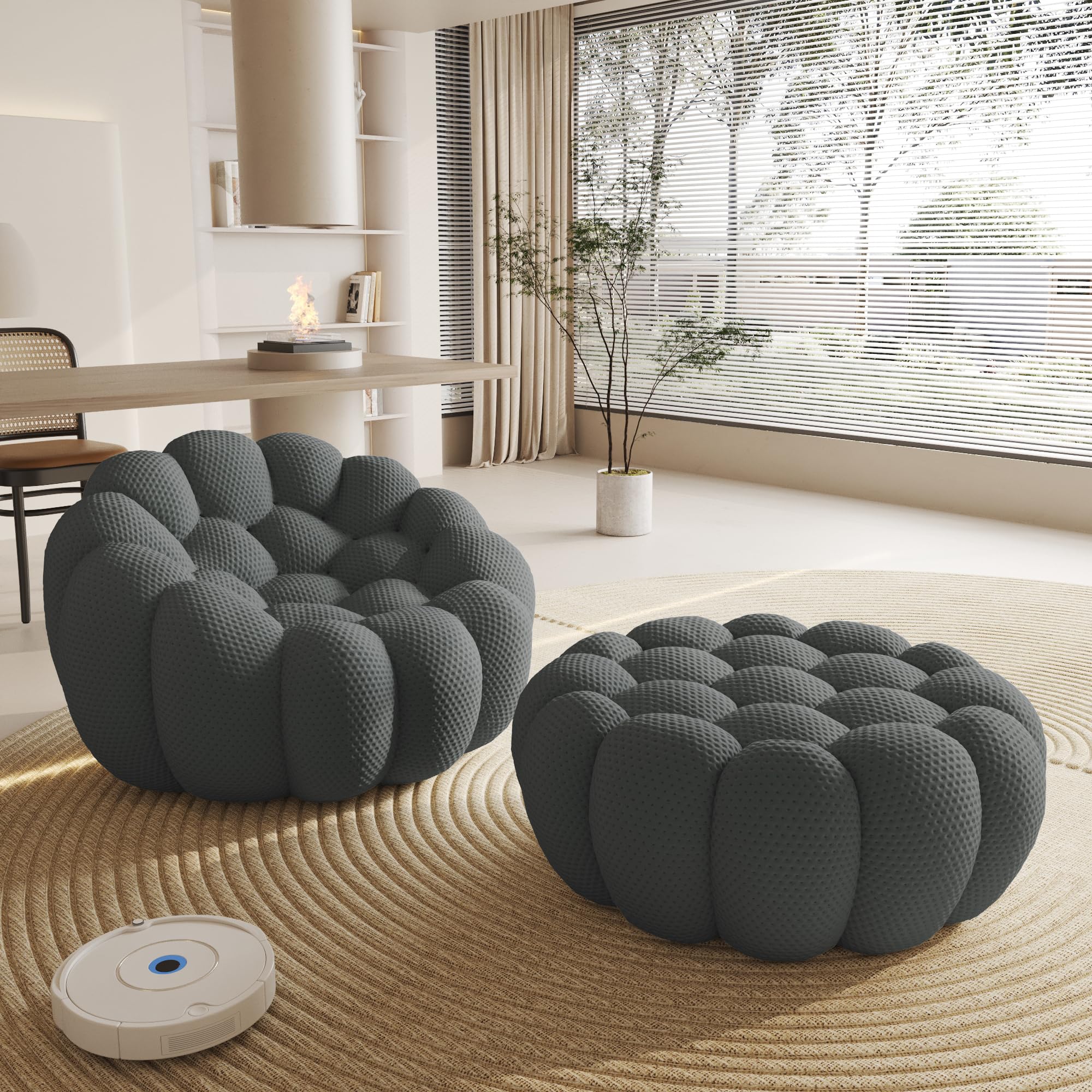 WJShome Modular Sectional Sofa,Bubble Couch Set,1 Seater+ Ottoman,Modern Upholstered Bean Bag Sofa Couch Mesh Fabric Lazy Floor Chair Living Roon Sets (Dark Gray)