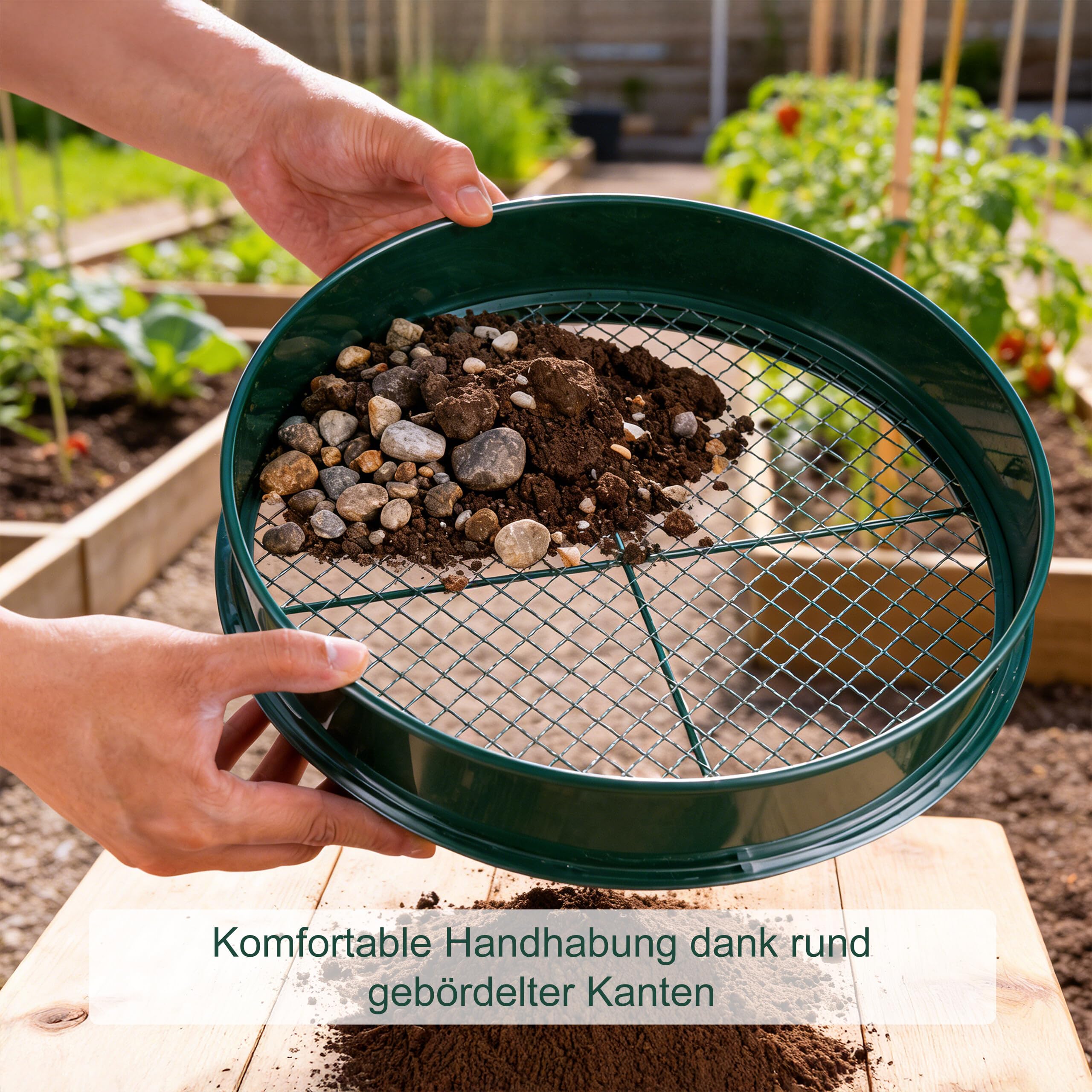 Relaxdays Gartensieb, 5in1, Rundsieb austauschbare Einsätze, Ø 30 cm, Metallsieb Erde, Kies & Sand, Edelstahl, grün