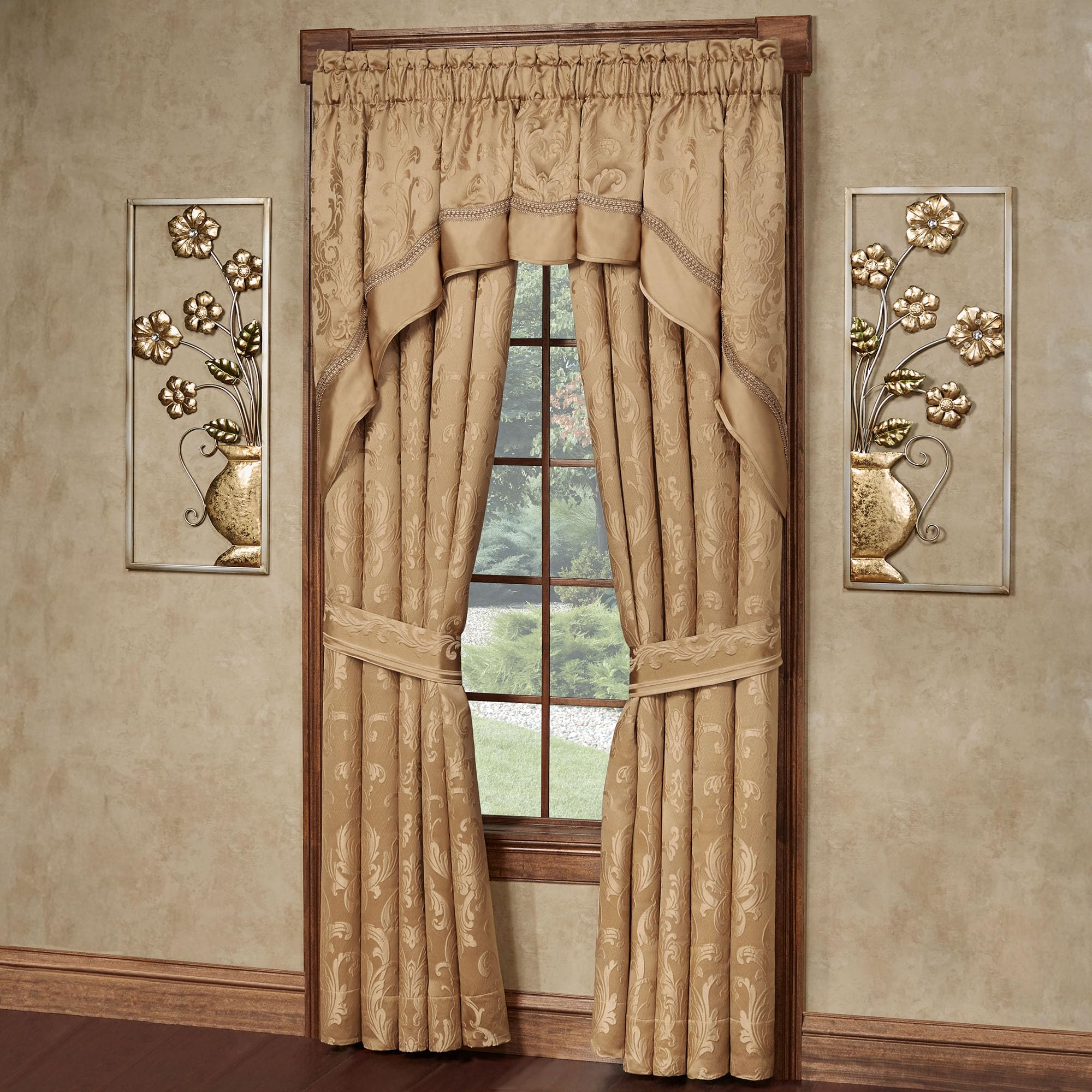 Monaco Classic Luxury Window Treatments | Royal Monochromatic Metallic Gold Hues | Puff Jacquard-Woven Acanthus Leaf Damask Designs | Lined, Wide Drapery Set Includes Swag Valance & 84L Curtain Pair