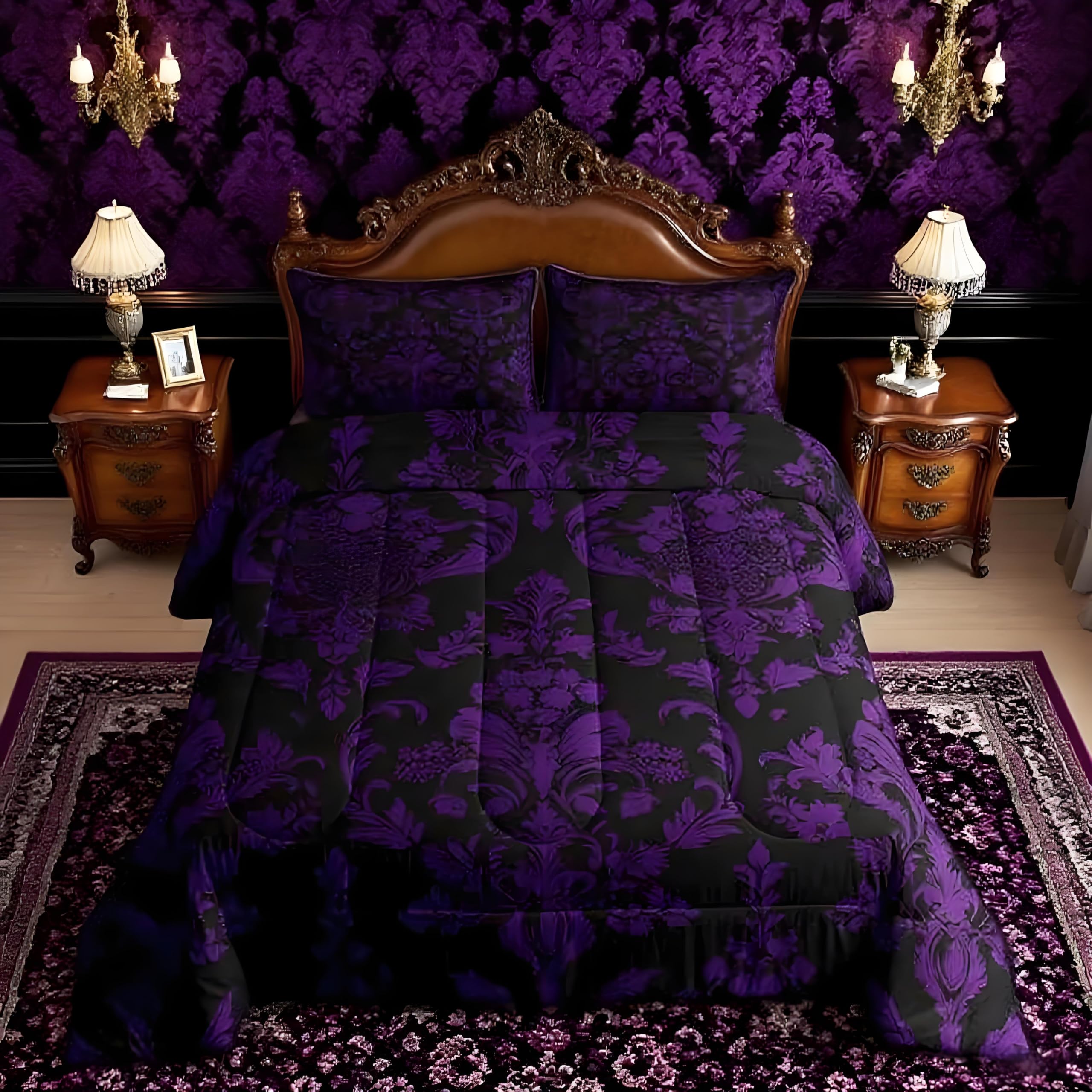 Feelyou Purple Black Vintage Damask Floral Comforter Set Gothic Bohemia Floral Bedding Set Twin Size for Boys Girls Bedroom Bed Decor Oriental Antique