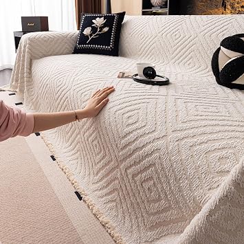 ROOMLIFE Couch Cover 3 Cushion Sofa, Washable Non Slip Furniture Sofa Protector Cover, Soft Chenille Sofa Slipcovers Sectional L Shape Dogs Couch Cover Throw Blanket with Tassels 71X118