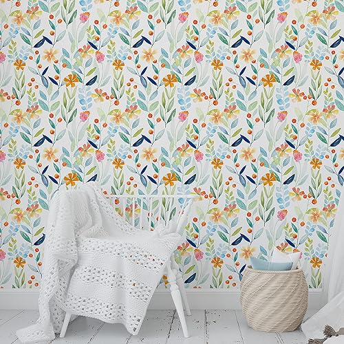 Miniatura 8 de UniGoos Papel tapiz floral botánico de acuarela para despegar y pegar, colorido, extraíble, papel de pared temporal, papel de contacto autoadhesivo
