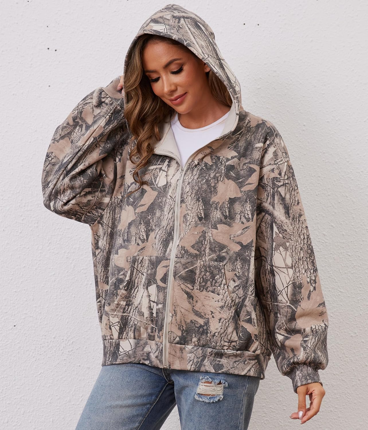 Women Camo Hoodie Oversized Fleece Full Zip Up Sweatshirt Casual Long Sleeve Jackets Trendy Fall Clothes With Pockets - Image 6
