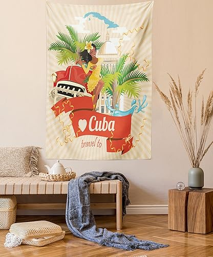 Miniatura 34 de Lunarable Tapiz de La Habana, caballeros que tocan saxofón con sombreros de Panamá y auto rojo nostálgico, colgante de pared para dormitorio, sala