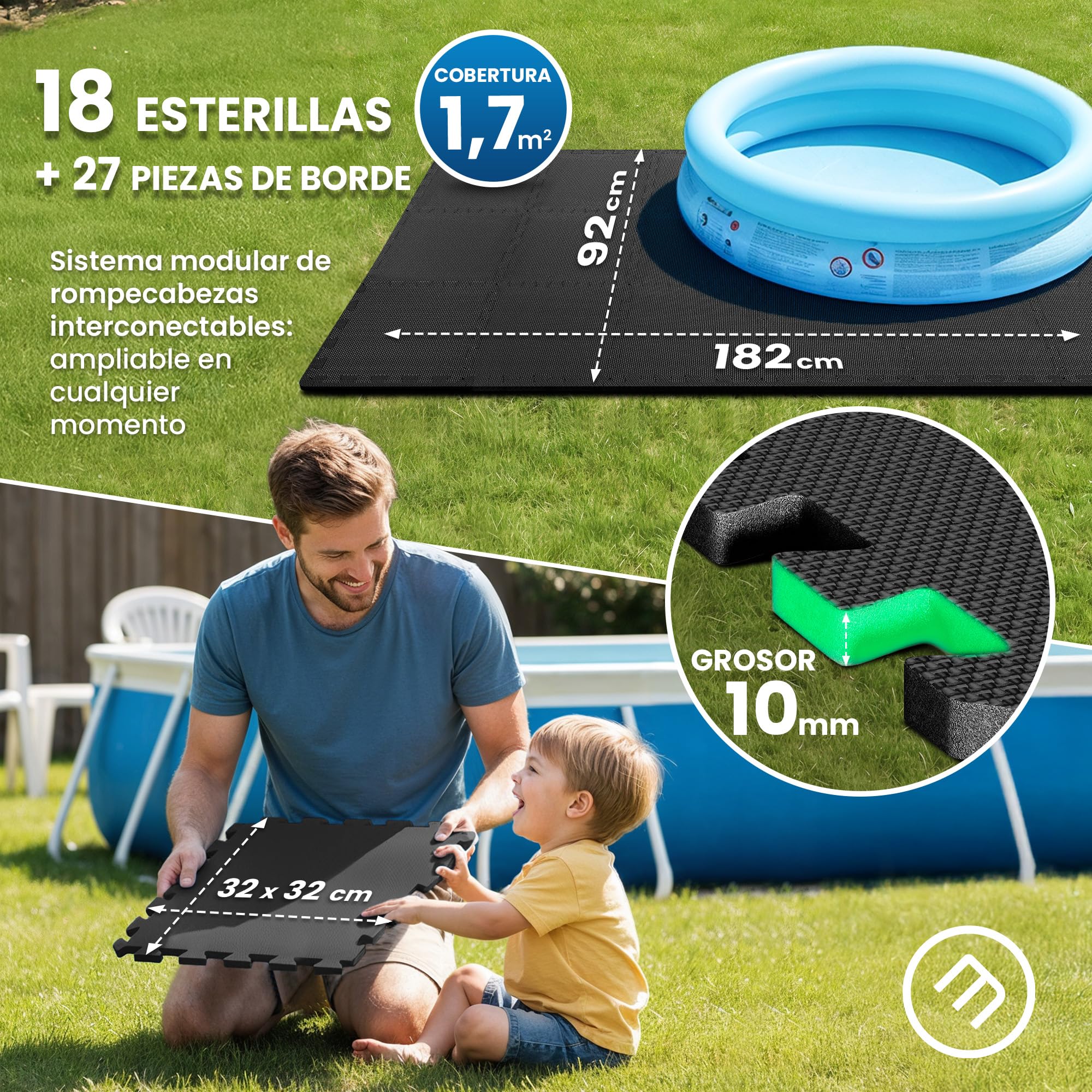 bemaxx Protector Suelo Piscinas Desmontables Esterilla Piscina - Set de 18 Alfombrillas Lona Piscina Tapiz Suelo Goma EVA Base Piscina Alfombra Protectora Puzzle de Suelo para Jacuzzi Piscina Infantil
