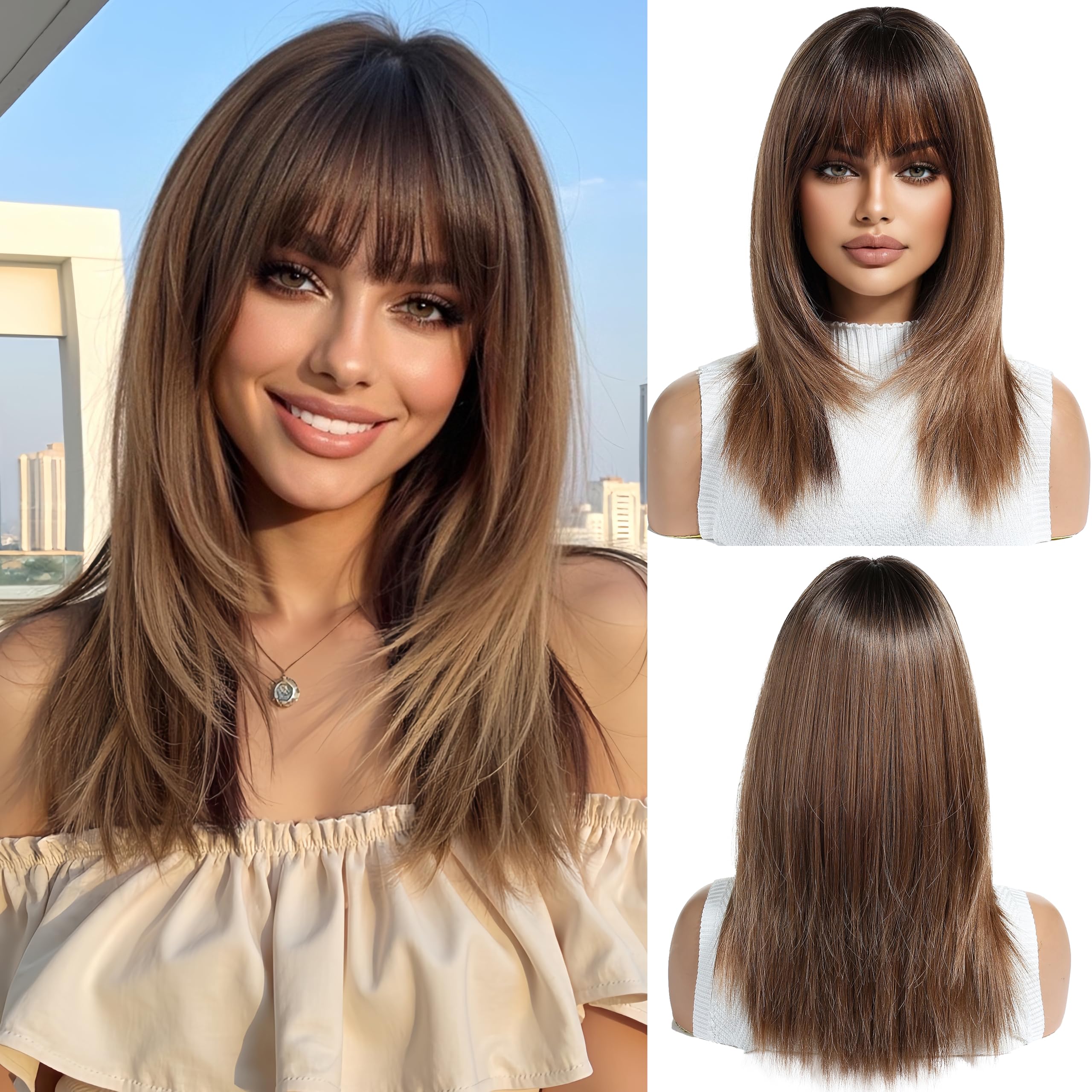 OUFEI Ombre Brown Wigs for Women Medium Length Long Straight Wig with Bangs Synthetic Hair Heat Resistant Wigs for Everyday Party Cosplay Wear