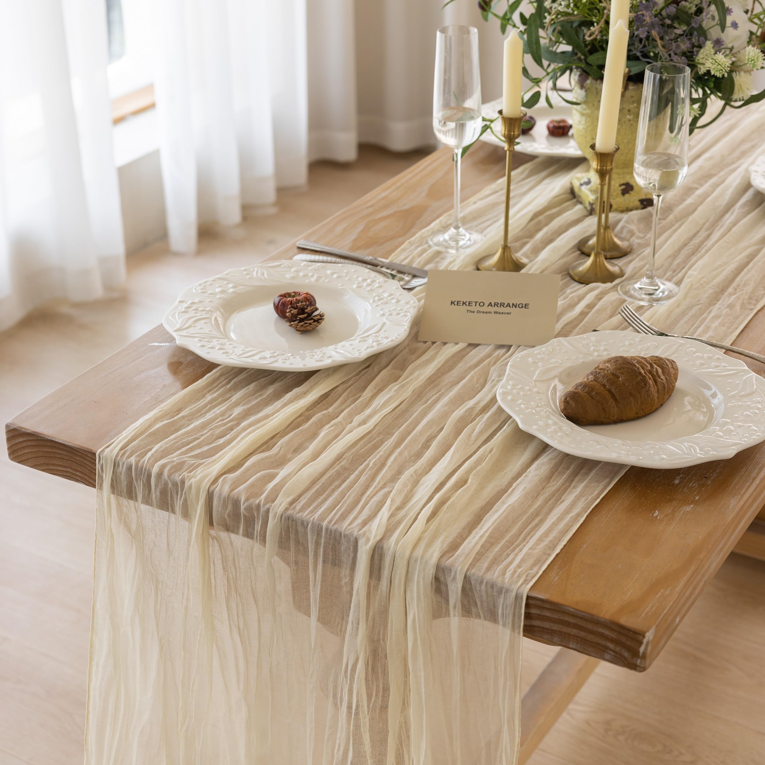 Photo 1 of Beige Cheesecloth Table Runner 120 Inches for Party Home Decorations