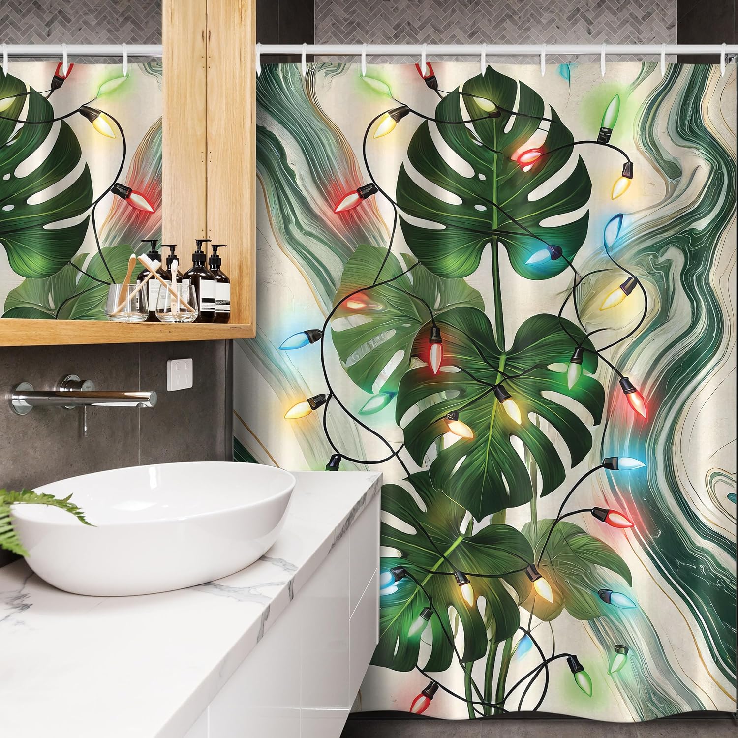 Ambesonne Christmas Stall Shower Curtain, Colorful Xmas Ornaments with Monstera Leaves Art on Marble Print Back, Fabric Bathroom Decor Set with Hooks, 54" W x 78" L, Green Khaki Multicolor