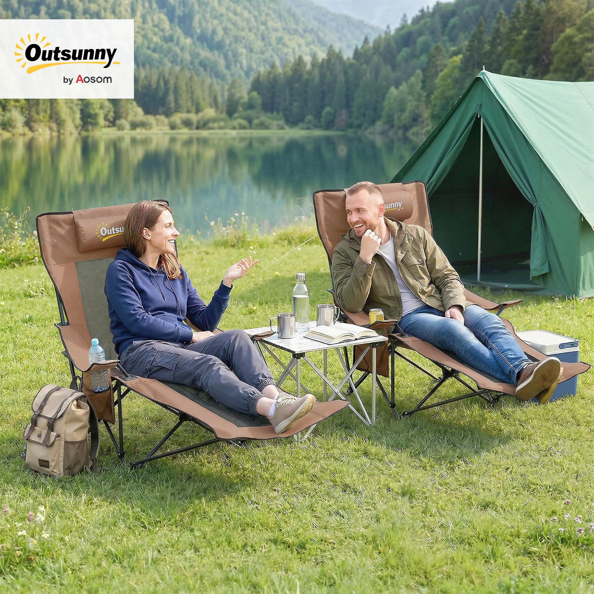 Outsunny Set 2 Sedie da Campeggio Pieghevoli con Poggiapiedi Staccabile, Portabicchieri e Tasca Laterale, Sedie da Giardino in Tessuto Oxford e Metallo, 165x80x90 cm, Marrone e Nero