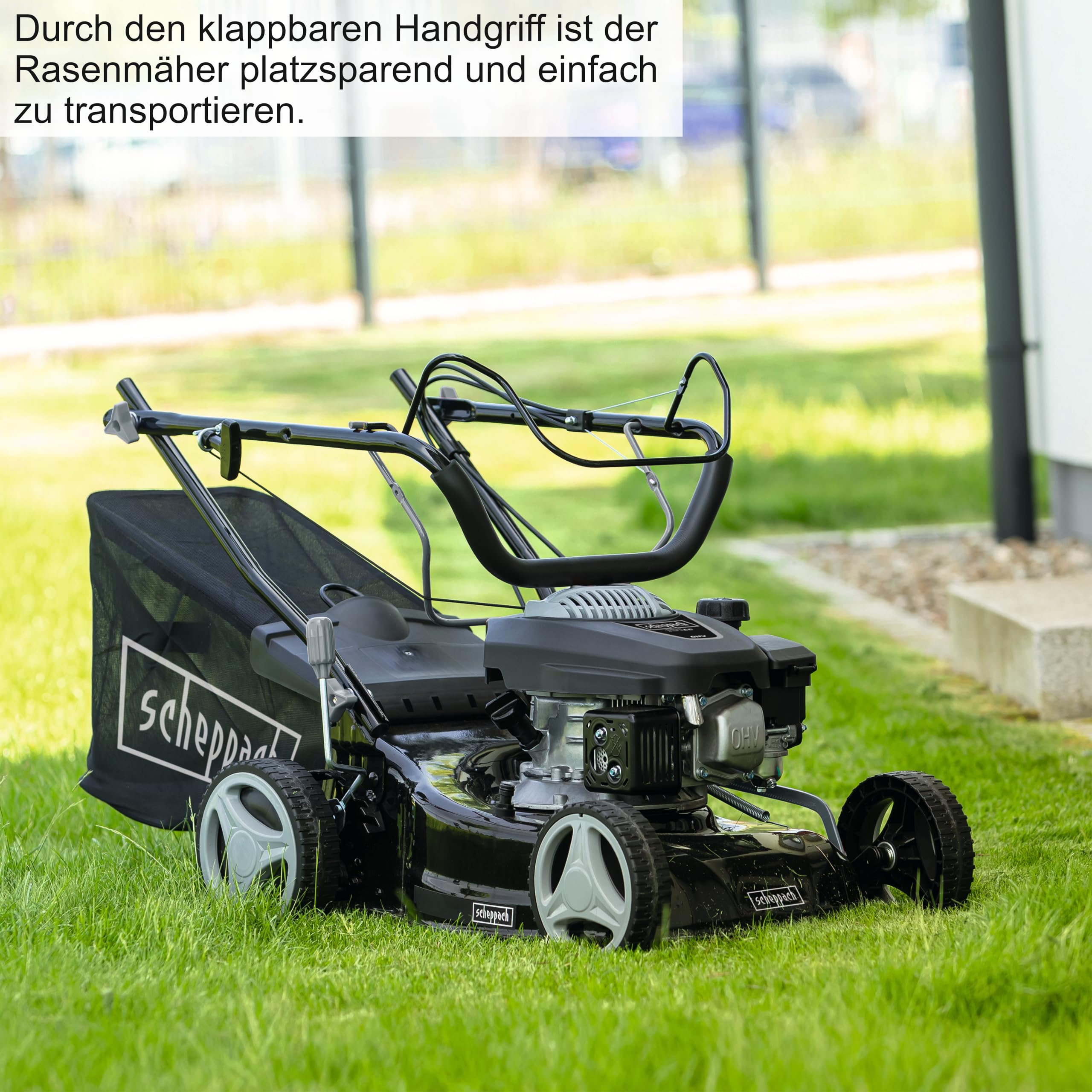 Scheppach MS132-42B Benzin Rasenmäher Black Edition mit Antrieb | für Rasenflächen bis 800m² | Schnittbreite 42cm | Leistung 3,3PS | Schnitthöhenverstellung in 7 Stufen (25-75mm) | Fangbox 45L