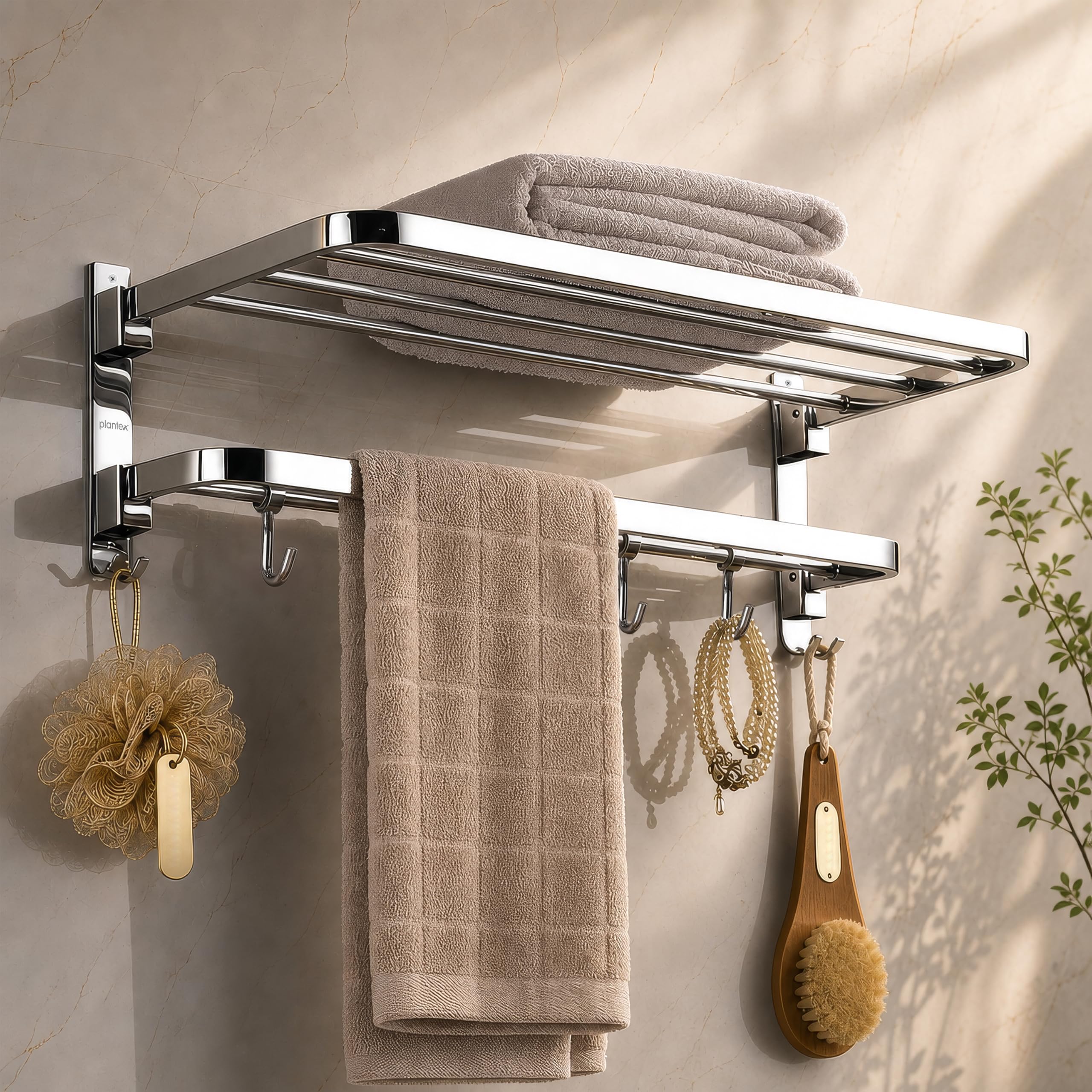 Plantex 304 Grade Stainless Steel Foldable Towel Rack in Bathroom/Cloth Hanger for Bathroom/Towel Rod with Hooks/Bathroom Accessories (18 Inch) Chrome-image-5