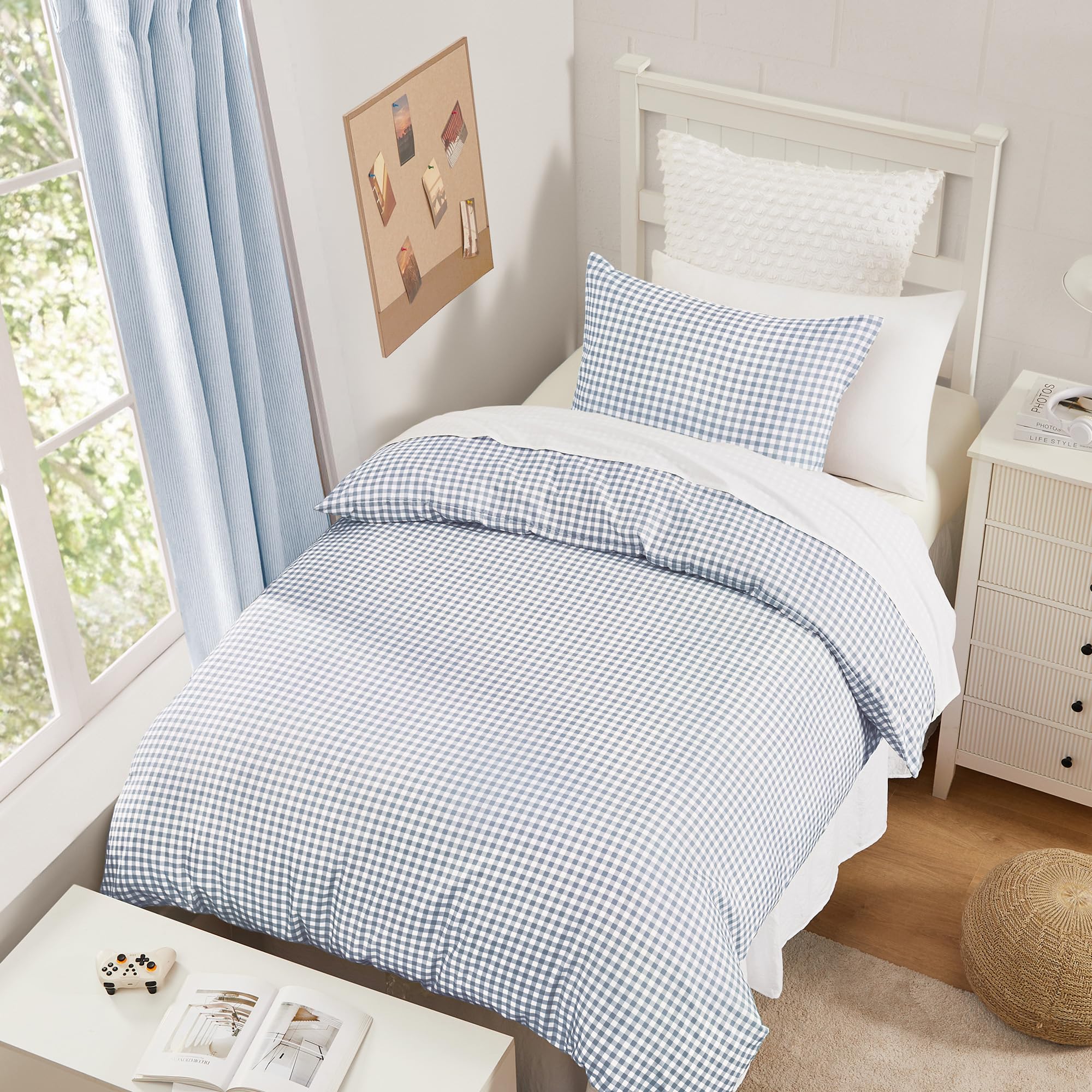Andency Gingham Duvet Cover Twin Size, Misty Blue Checkered Plaid Bedding Set with Zipper Closure &amp; Corner Ties, 2 Pieces Soft Prewashed Microfiber Comforter Cover for Dorm Kids