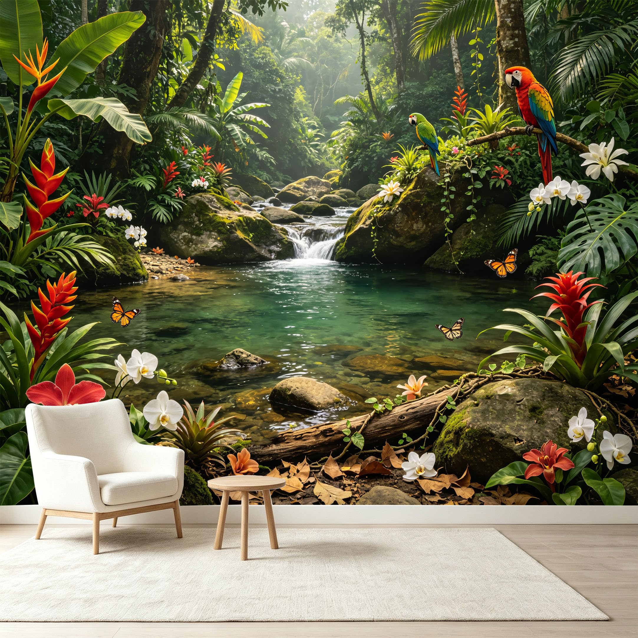 Custom Size Wall Murals Tropical Rainforest Jungle Landscape Exotic Macaw Parrots Orchid Flowers Self-Adhesive Wall Fabric Removable Wallpaper Wall Decor for Living Room Bedroom Bathroom