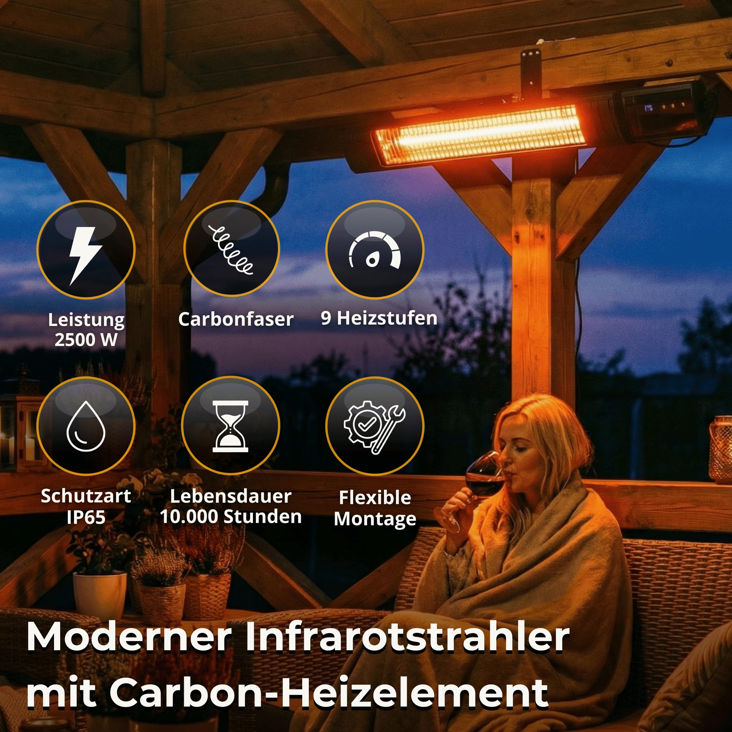 Infrarot Heizstrahler 2500W, 9 Stufen, IP65, Montageketten, Fernbedienung, Timer, Elektroheizung RAY, Terrassenheizer Outdoor, Wandheizung, Infrarotheizung, Heizstrahler Terrasse & Innenraum