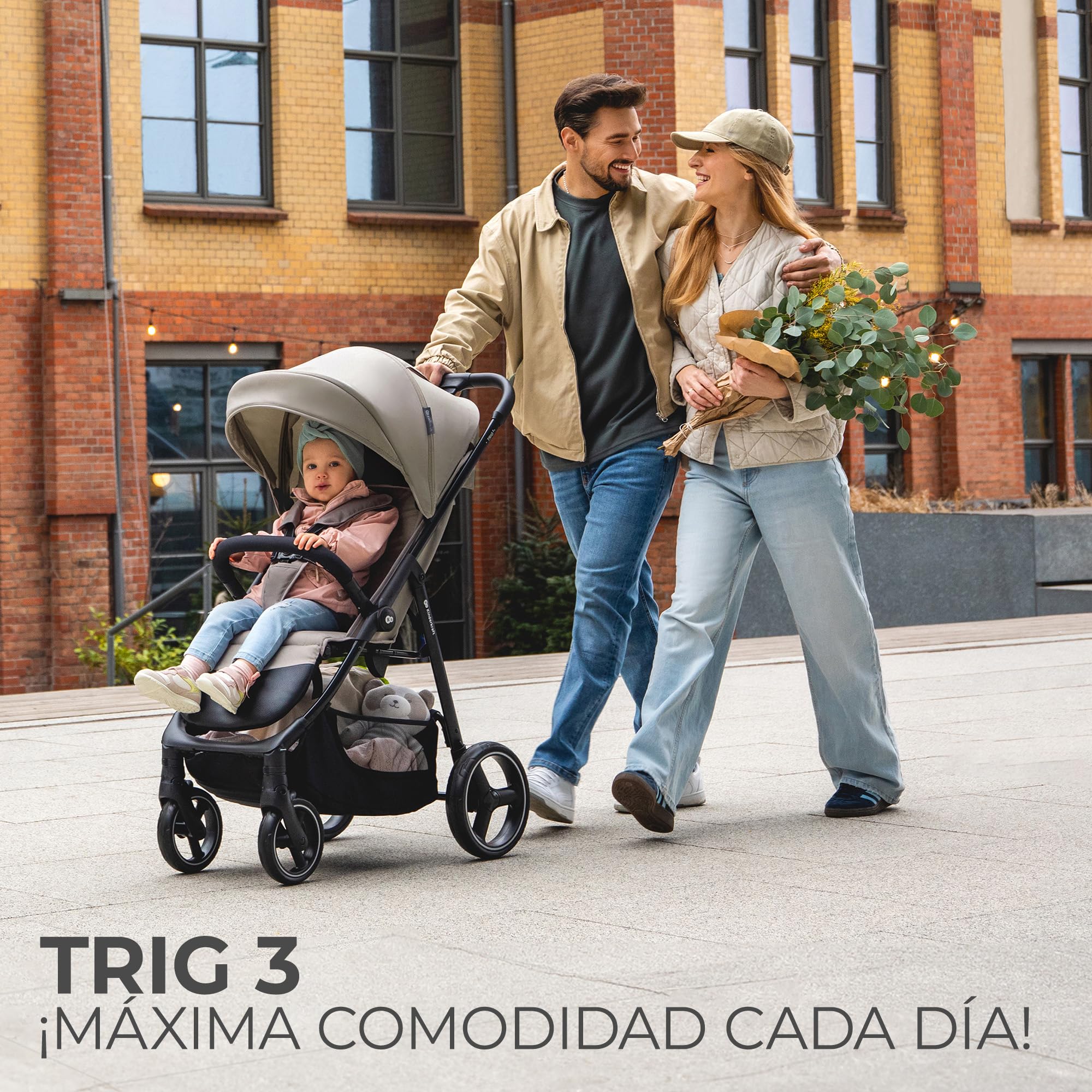 Kinderkraft TRIG 3, Silla de Paseo, Ligera y manejable, Suspensión, Cinturón de 5 puntos, Reposapiés, Ajustable, Carga máxima de 25 kg, Beige