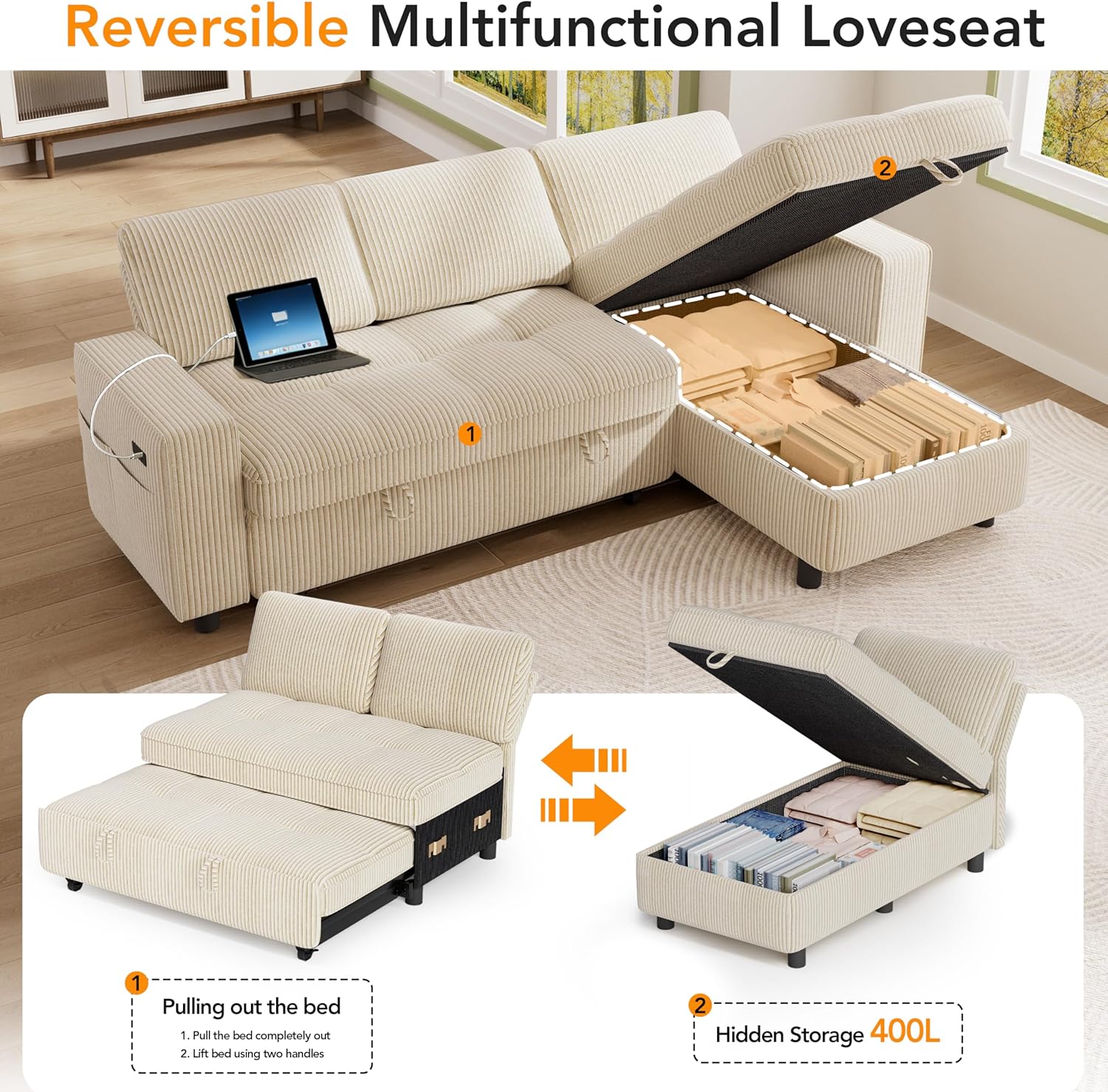Vipbear Sectional Sleeper Couch with Pull Out Sofa Bed, L Shaped Plush Corduroy Couch with Reclining Backrest & Storage & USB Charging, Convertible Cloud Sectional Sofa Bed for Living Room, Beige | Breathable material, Tool-Free Assembly, Reclining Backrest