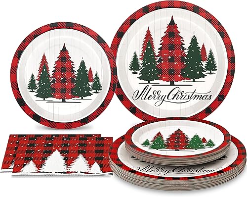 Homlouue 200 platos y servilletas de papel de Navidad, platos y servilletas rojos y blancos de árbol de Navidad, desechables, platos y servilletas