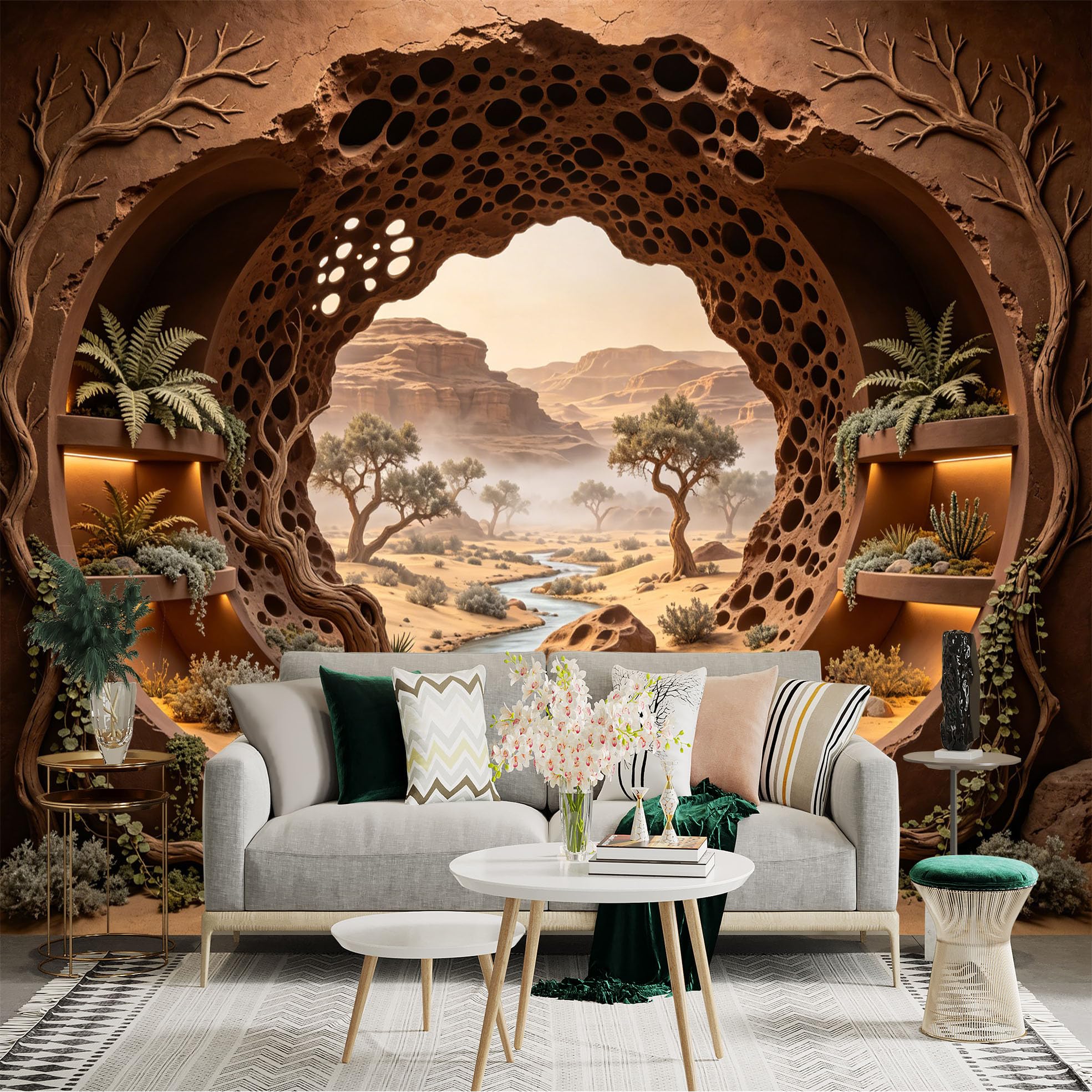 Custom Size Wall Sticker Mural， Desert Canyon with River， Trees and Natural Rock Cave， for wall Decoration， peelandstick wall Decals.