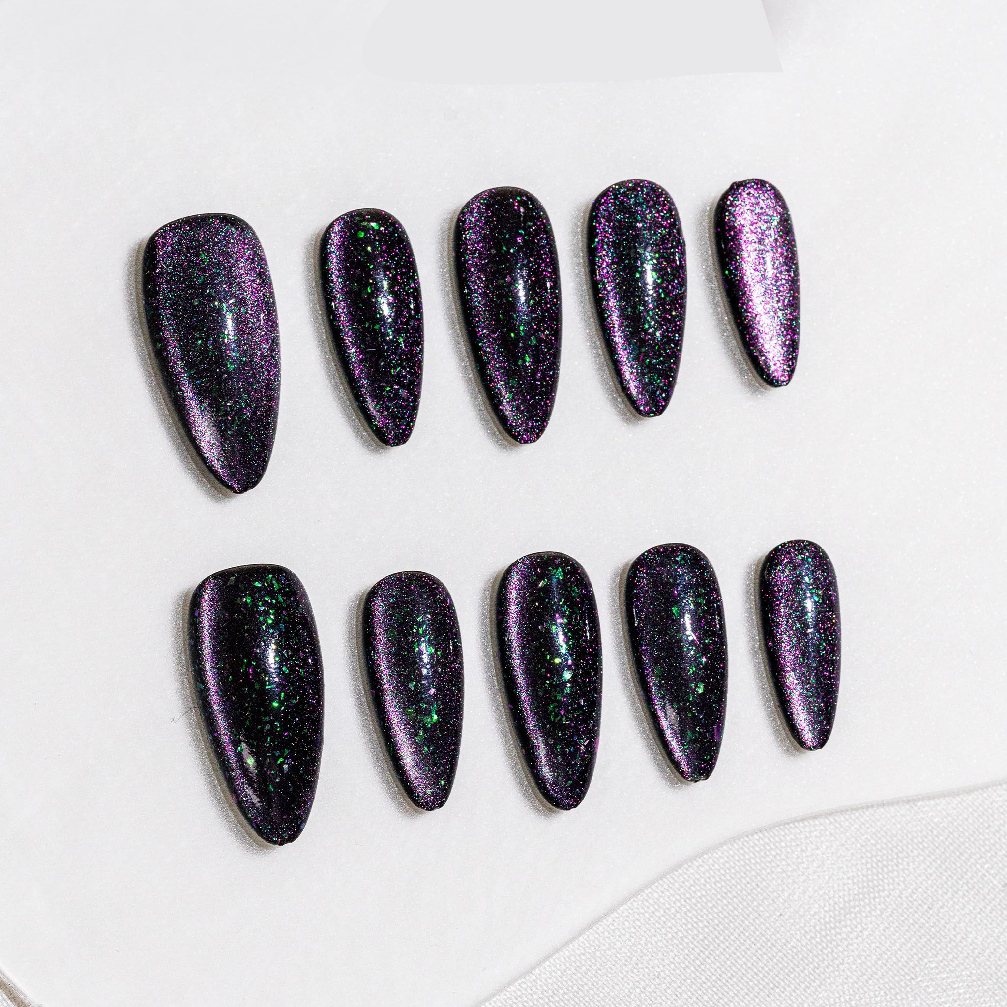 Sun&Beam Nails Handmade Press-on Medium Long Almond Fuchsia Pink Cat Eye Design Charming False Nail Tips 10 Pcs (#124 L) — view 36
