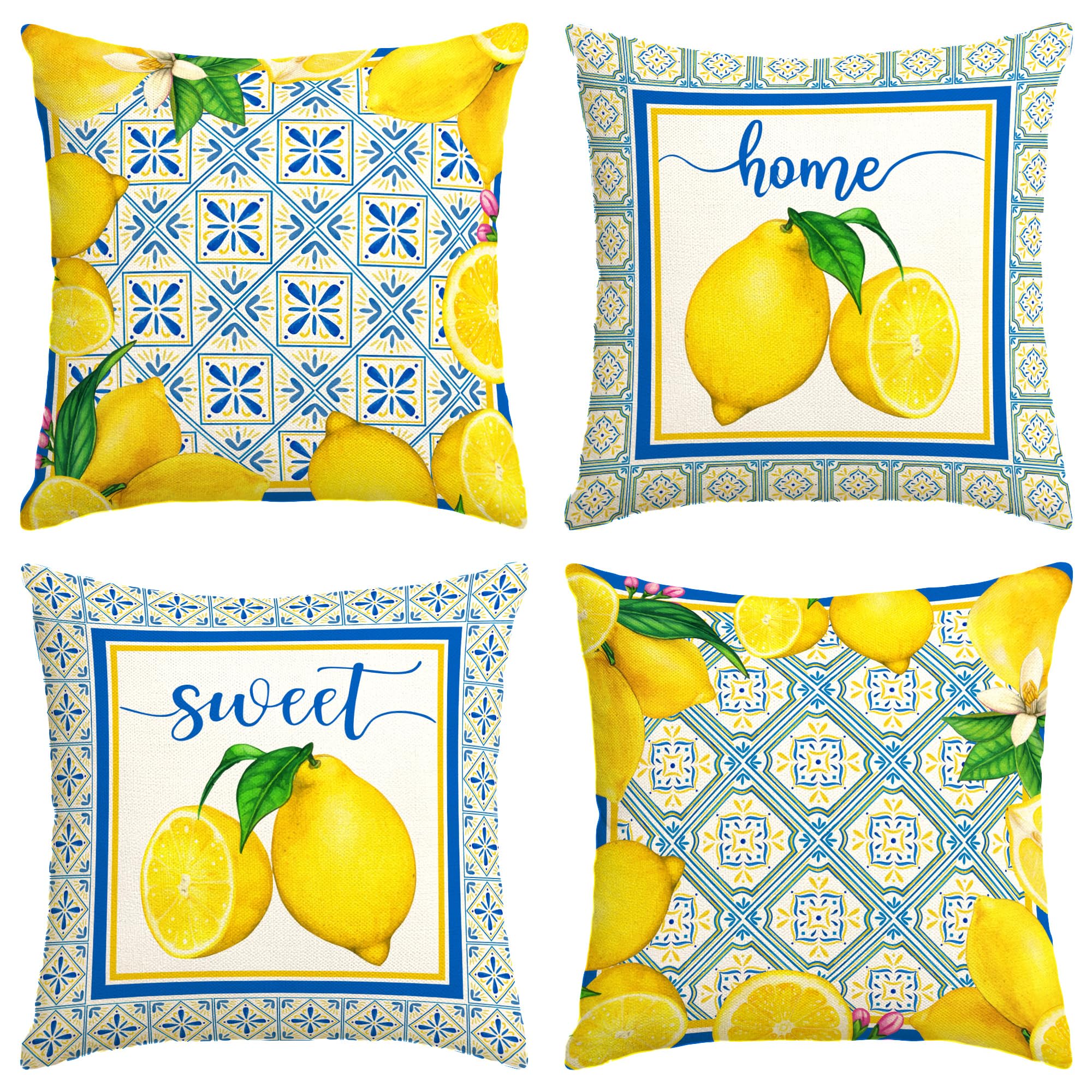 Summer Lemon Pillow Covers Spring Italian Lemons Throw Pillow case Italy Blue Tiles Lemon Decor Cyan-Blue Tile Burlap Artificial Lemon Fruit Farmhouse Lemon Decorations for Home Party